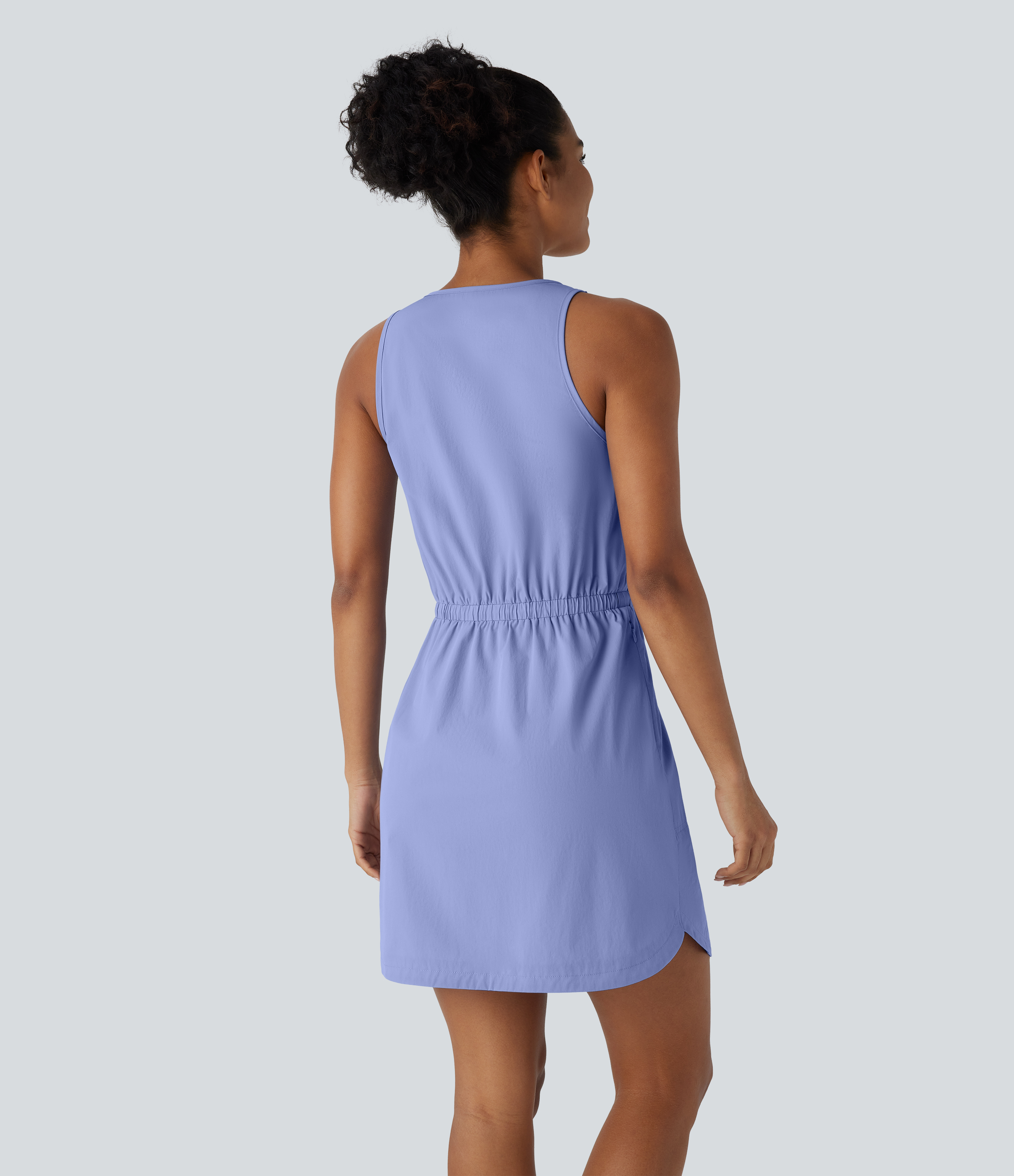 Halara Water Repellent Wear-Resistant U Neck Sleeveless Half Zip Drawstring Side Pocket Curved Hem Mini Hiking Active Dress Workout Dress - Azure Haze - XS 