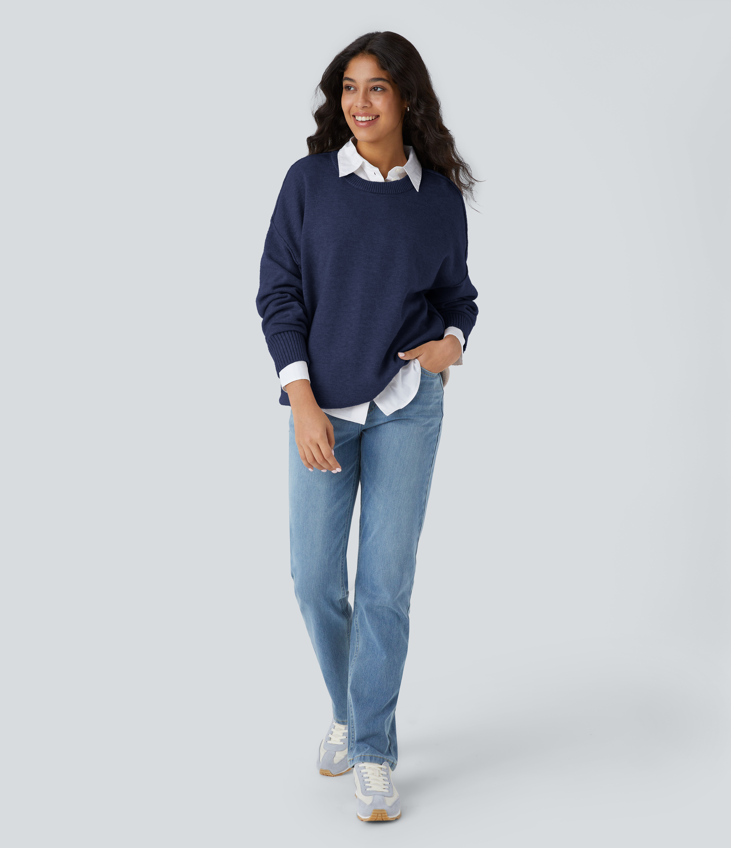 Halara Round Neck Dropped Shoulder Long Sleeve Casual Sweater  - Dark Blue - XS 