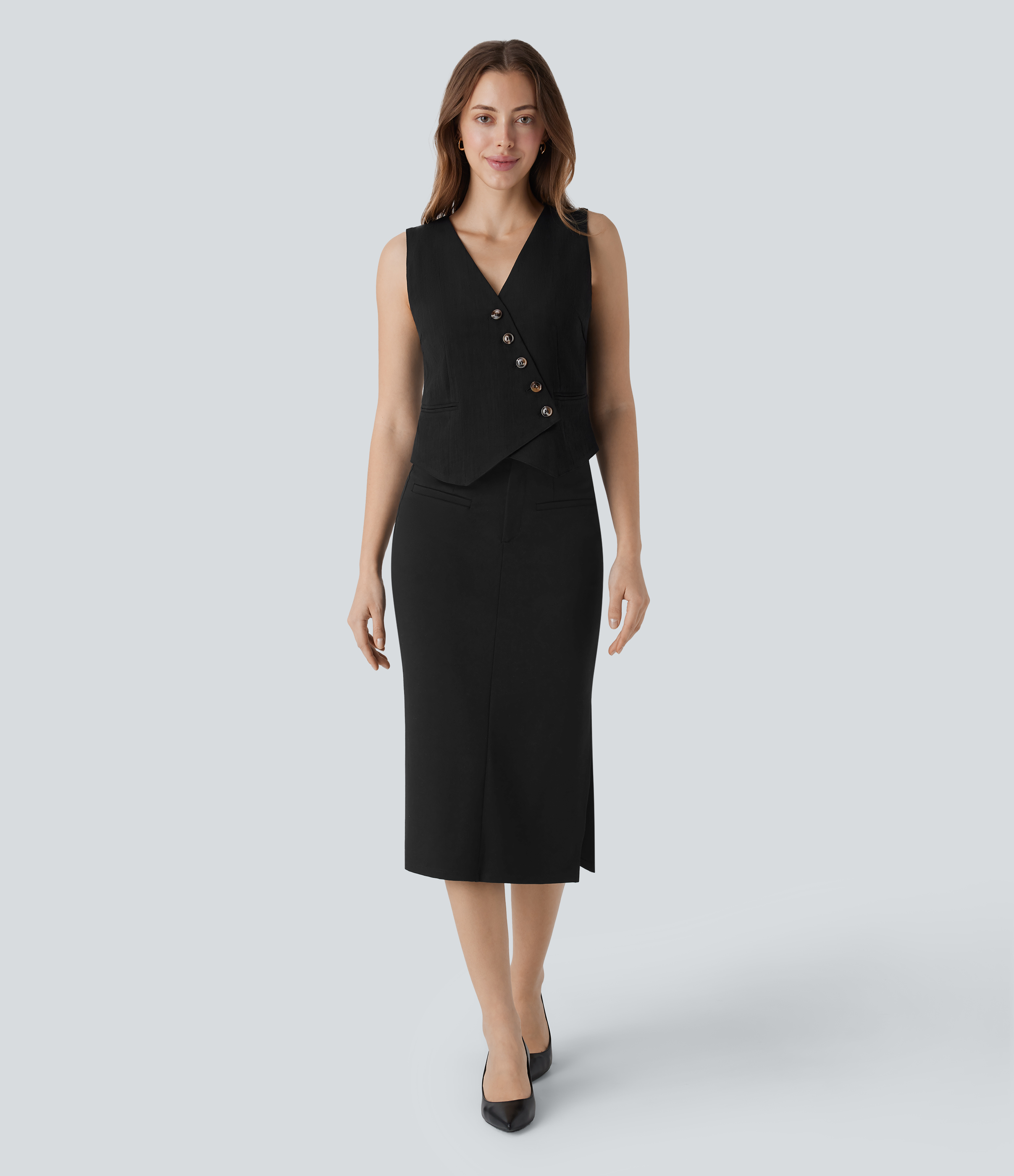 Halara V Neck Asymmetric Button Work Linen-Feel Vest Tank Top - Black - XS golf tops halter top tunic tops sleeveless tops backless top 