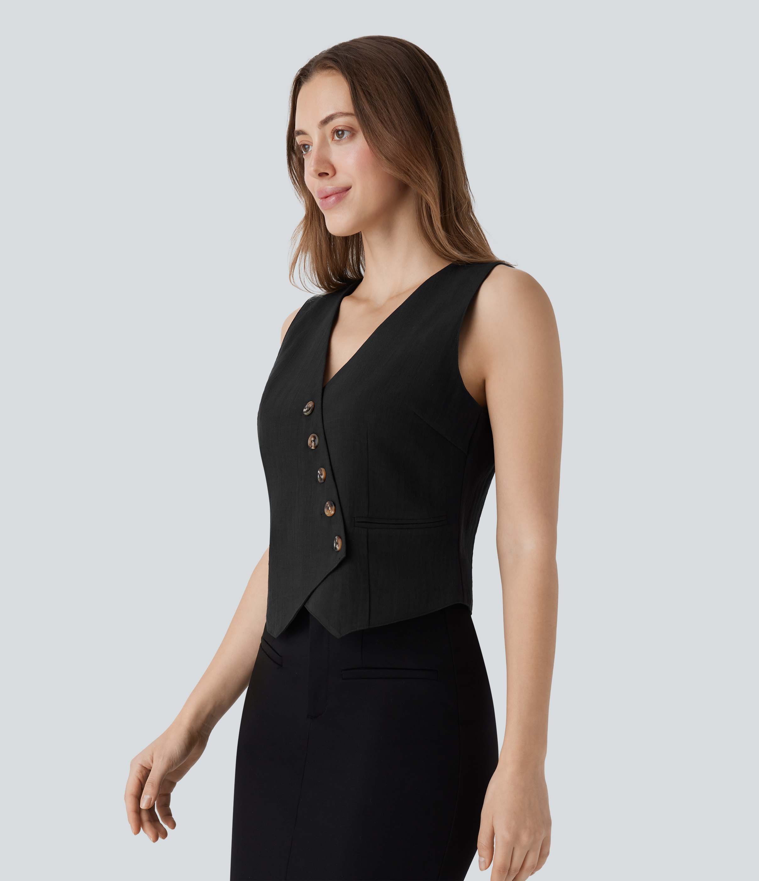 Halara V Neck Asymmetric Button Work Linen-Feel Vest Tank Top - Black - XS golf tops halter top tunic tops sleeveless tops backless top 
