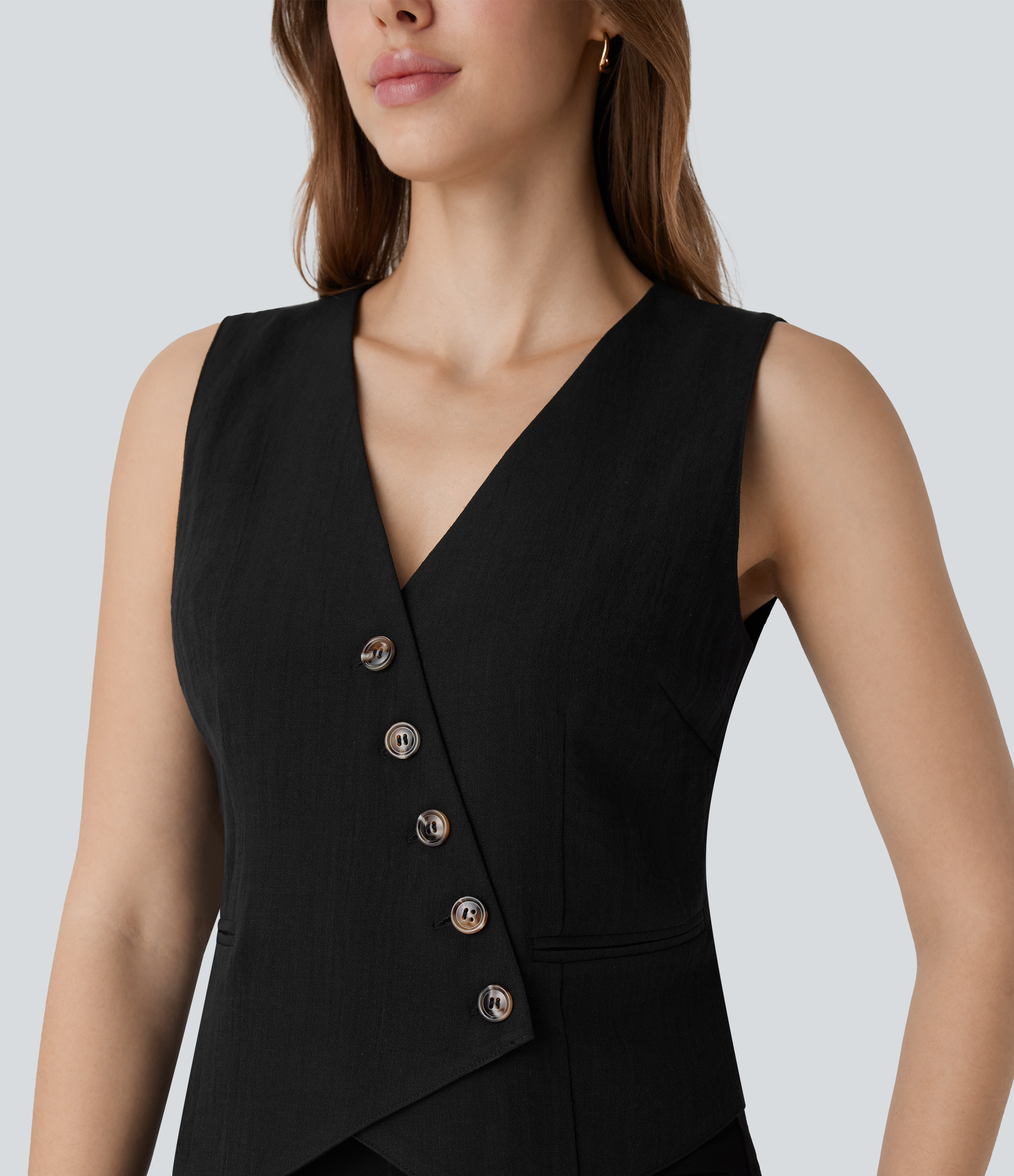Halara V Neck Asymmetric Button Work Linen-Feel Vest Tank Top - Black - XS golf tops halter top tunic tops sleeveless tops backless top 