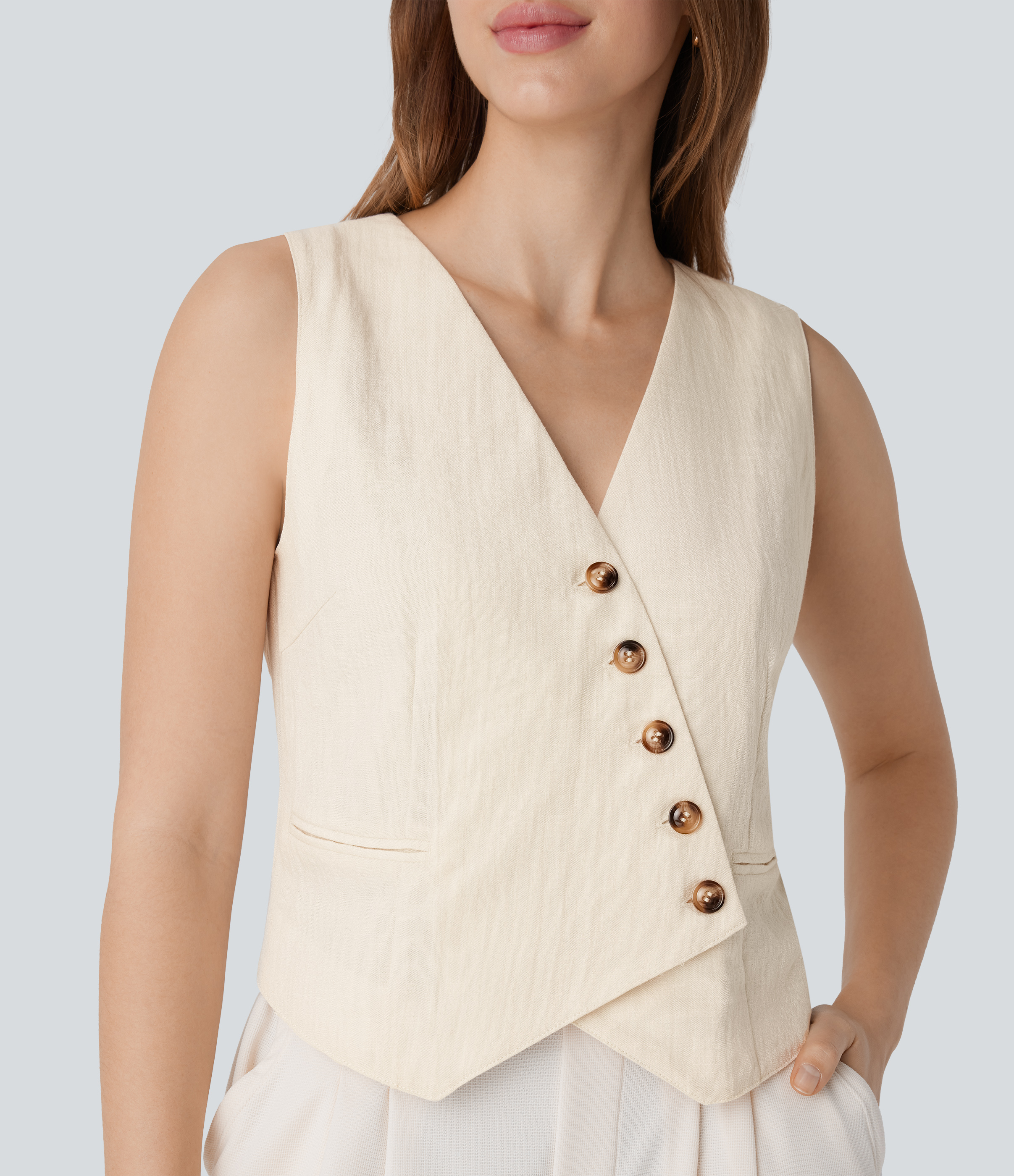 Halara V Neck Asymmetric Button Work Linen-Feel Vest Tank Top - Vanilla Ice - L golf tops halter top tunic tops sleeveless tops backless top 