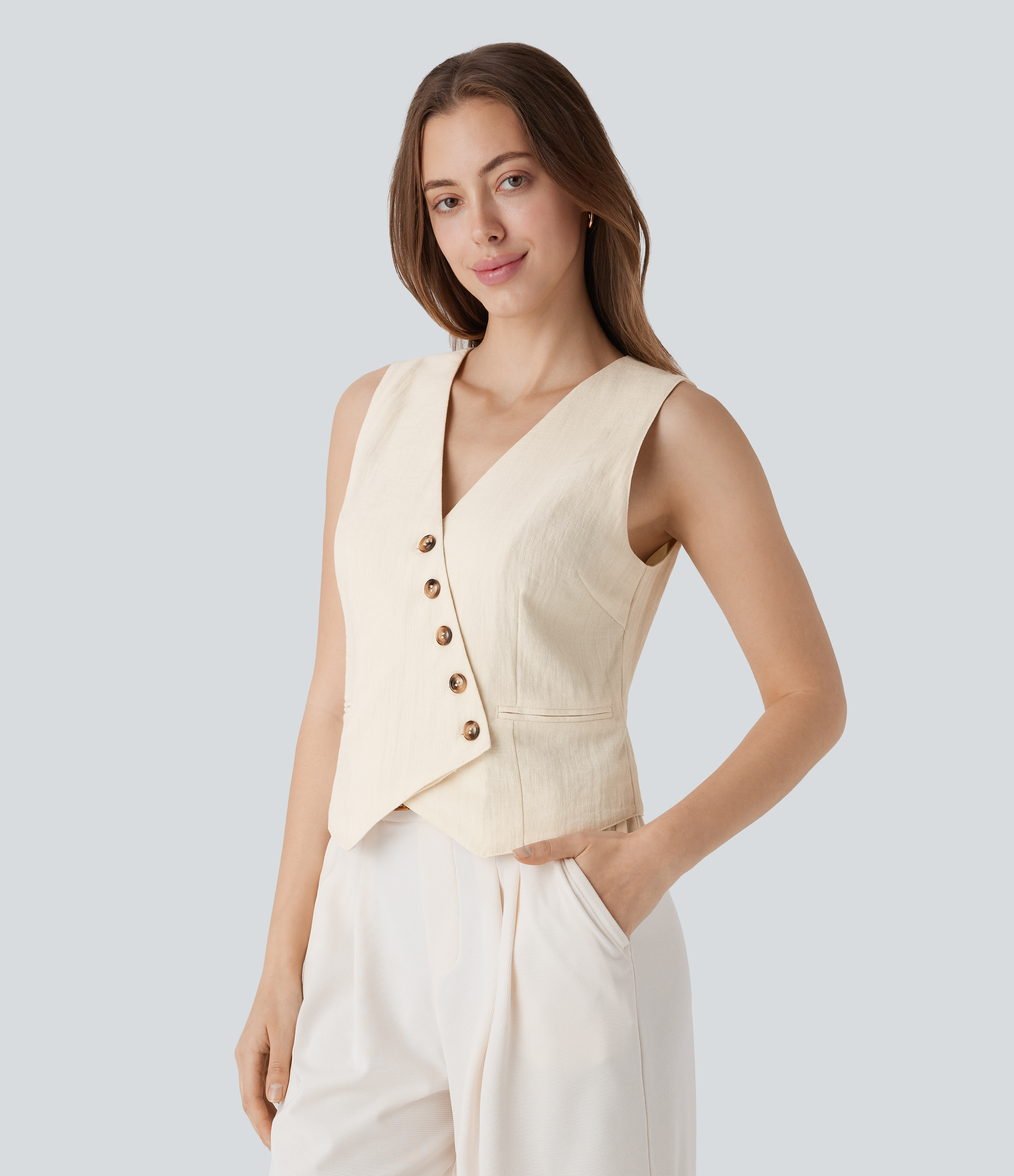 Halara V Neck Asymmetric Button Work Linen-Feel Vest Tank Top - Vanilla Ice - L golf tops halter top tunic tops sleeveless tops backless top 