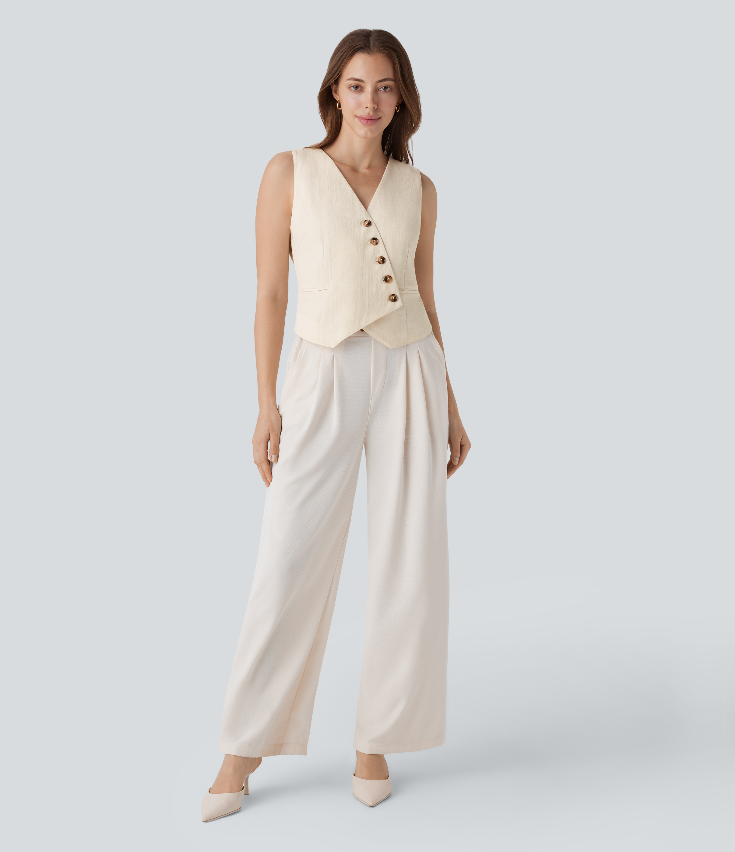 Halara V Neck Asymmetric Button Work Linen-Feel Vest Tank Top - Vanilla Ice - L golf tops halter top tunic tops sleeveless tops backless top 