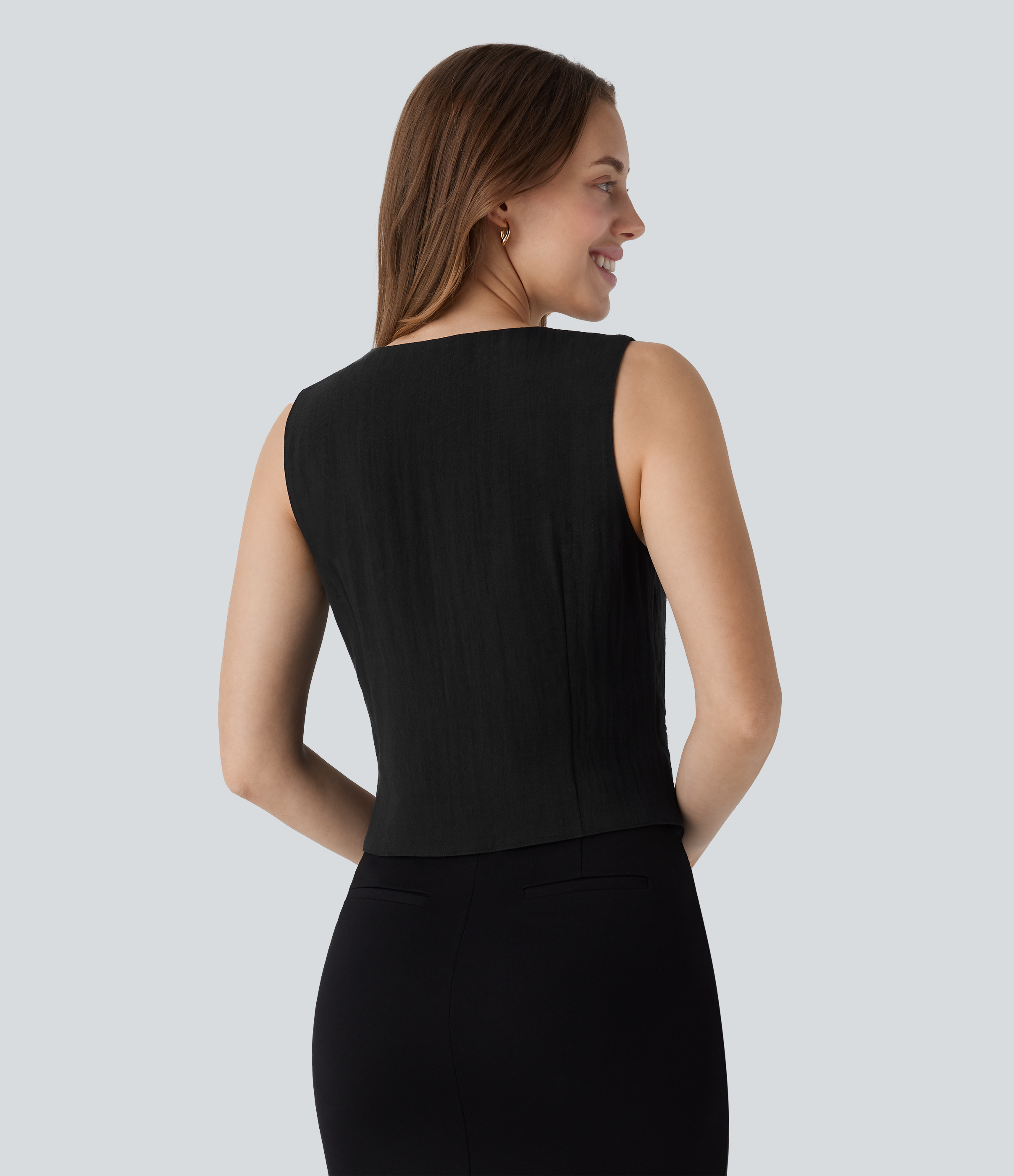 Halara V Neck Asymmetric Button Work Linen-Feel Vest Tank Top - Black - XS golf tops halter top tunic tops sleeveless tops backless top 