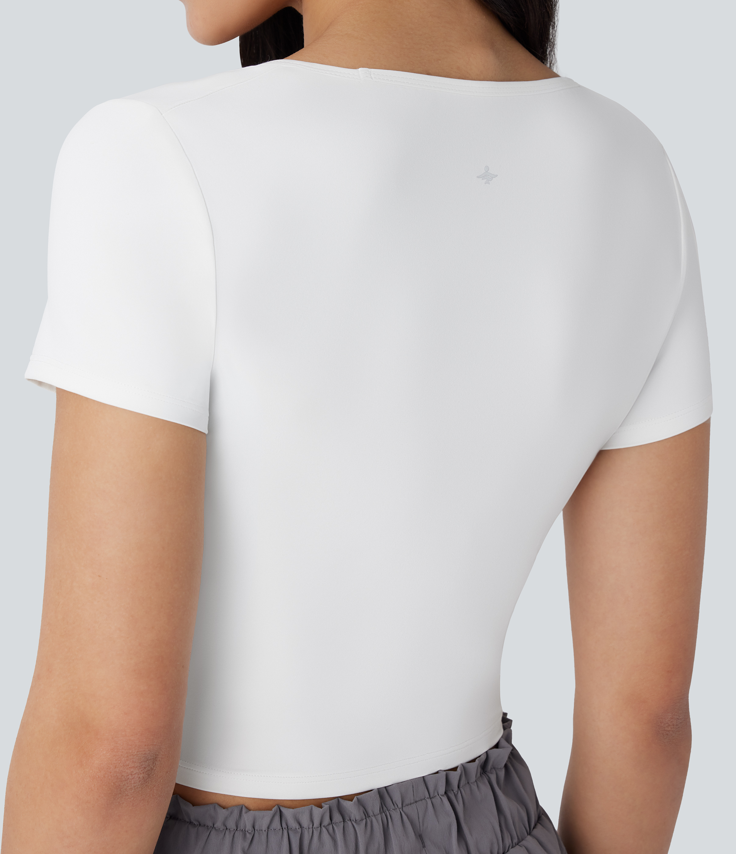 Halara Square Neck Short Sleeve Ruched Cropped Hiking Sports Top-UPF40+  - White - L 