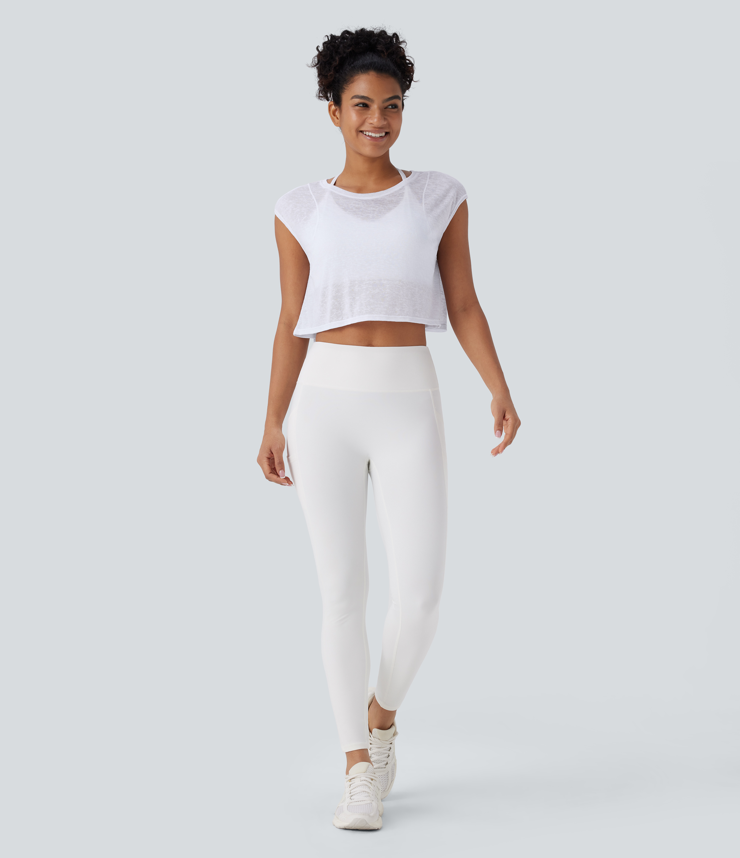 Halara Round Neck Cap Sleeve Cropped Yoga Sports Top  - White - XS 