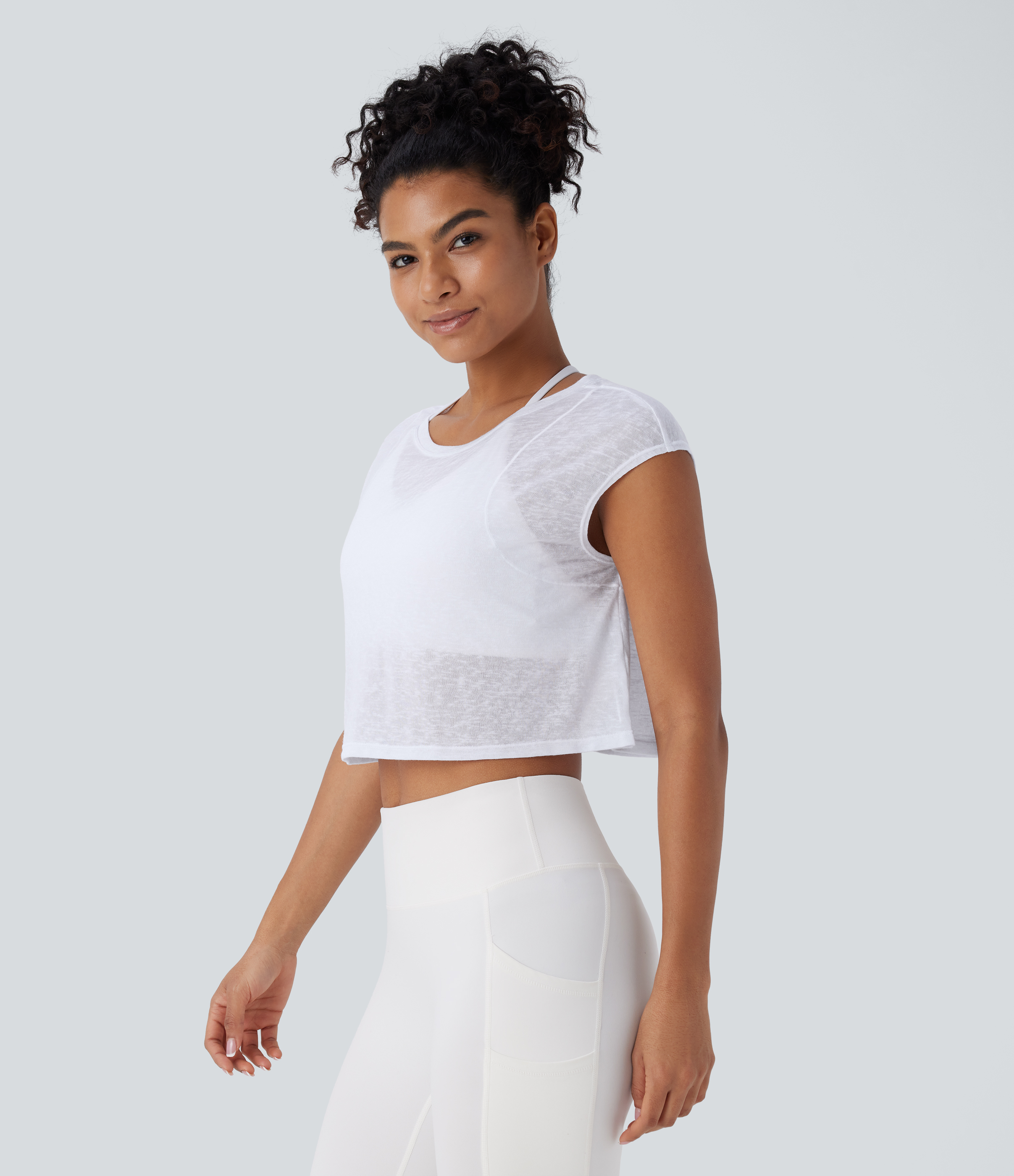 Halara Round Neck Cap Sleeve Cropped Yoga Sports Top  - White - XS 