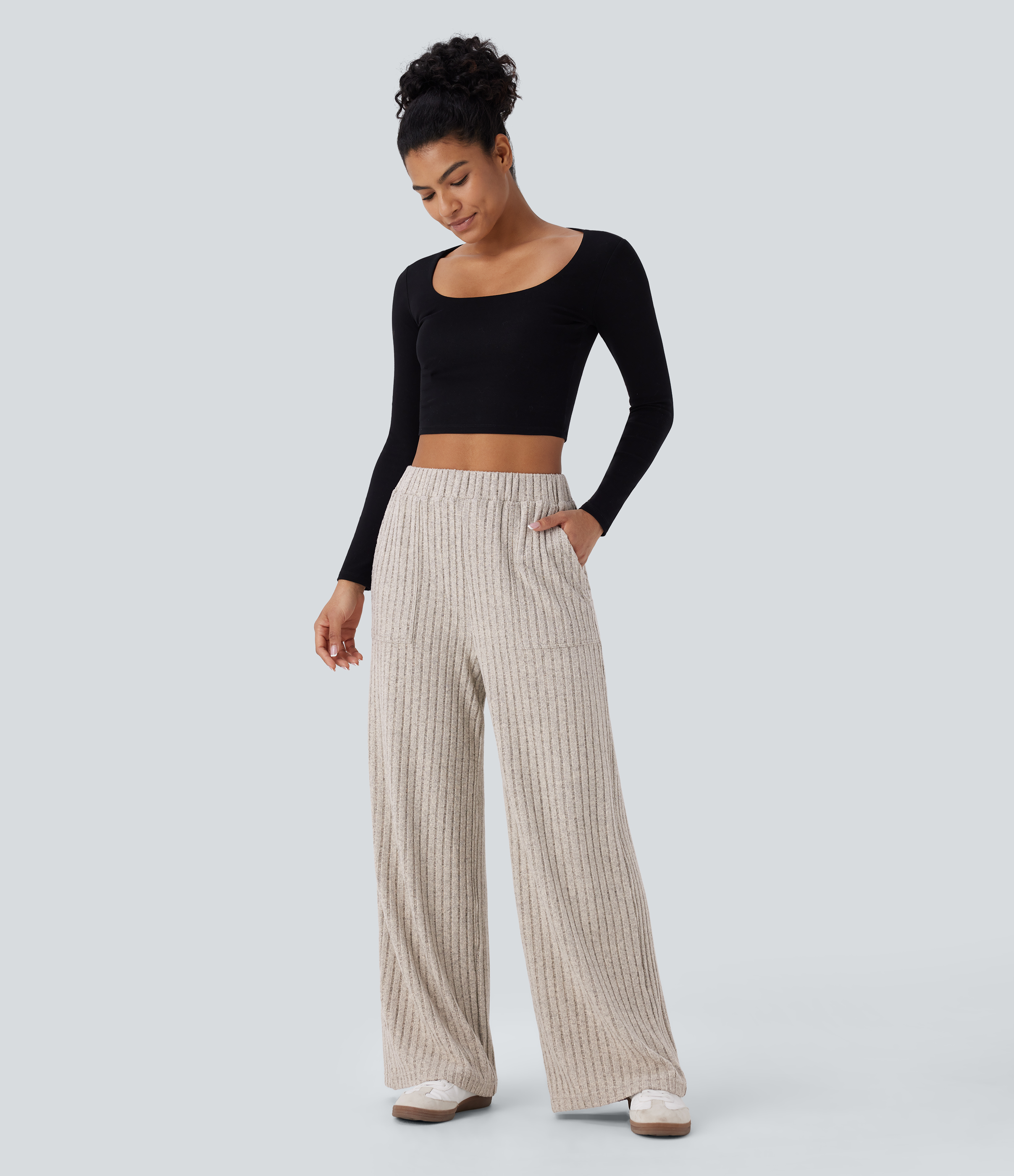 Halara Ribbed Knit High Waisted Multiple Pockets Wide Leg Casual Pants  - Warm Grey Floral Velvet - M(regular) sweatpants jogger pants 