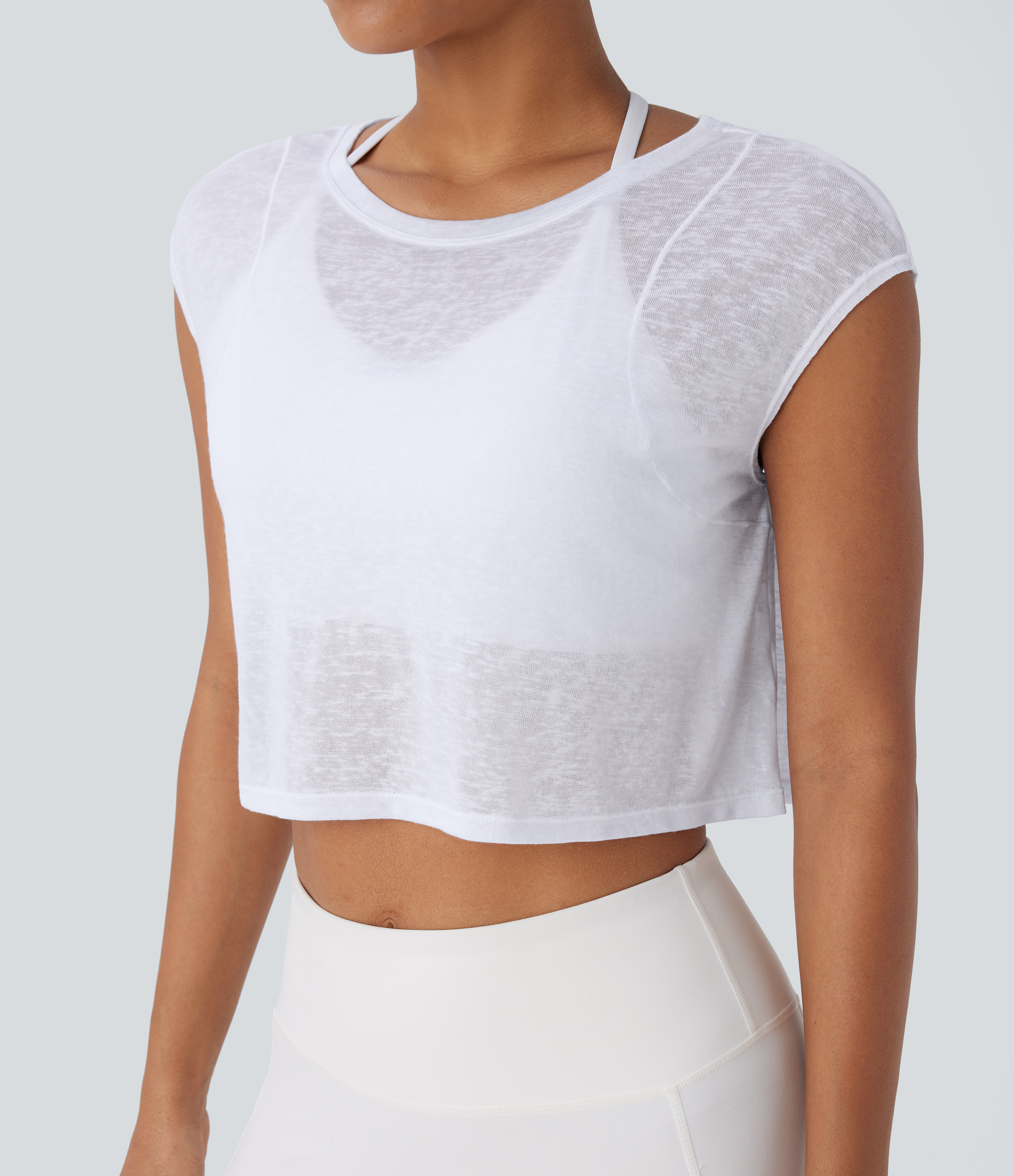 Halara Round Neck Cap Sleeve Cropped Yoga Sports Top  - White - XS 