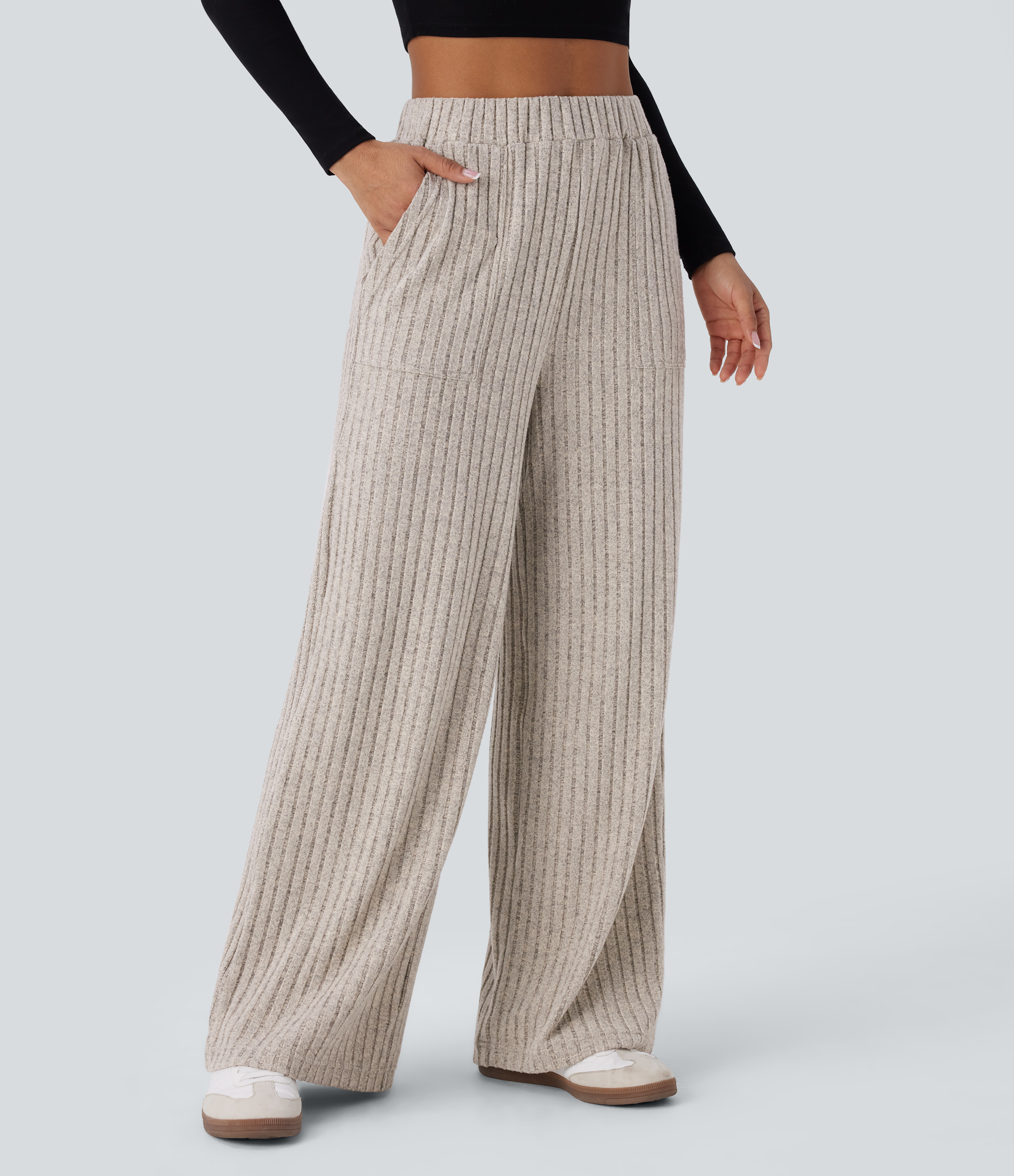 Halara Ribbed Knit High Waisted Multiple Pockets Wide Leg Casual Pants  - Warm Grey Floral Velvet - M(regular) sweatpants jogger pants 