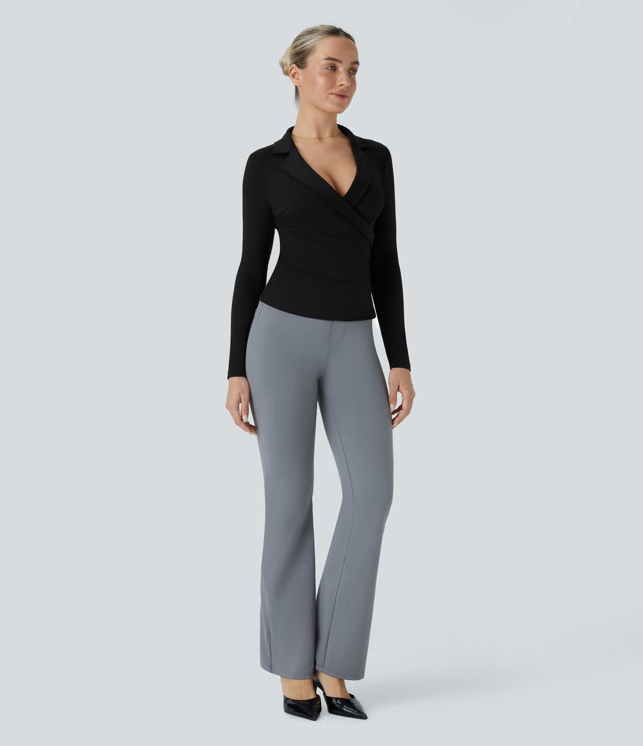 Halara Notched Collar Surplice Long Sleeve Ruched Slim Work Top Tank Top - Black - XL golf tops halter top tunic tops sleeveless tops 