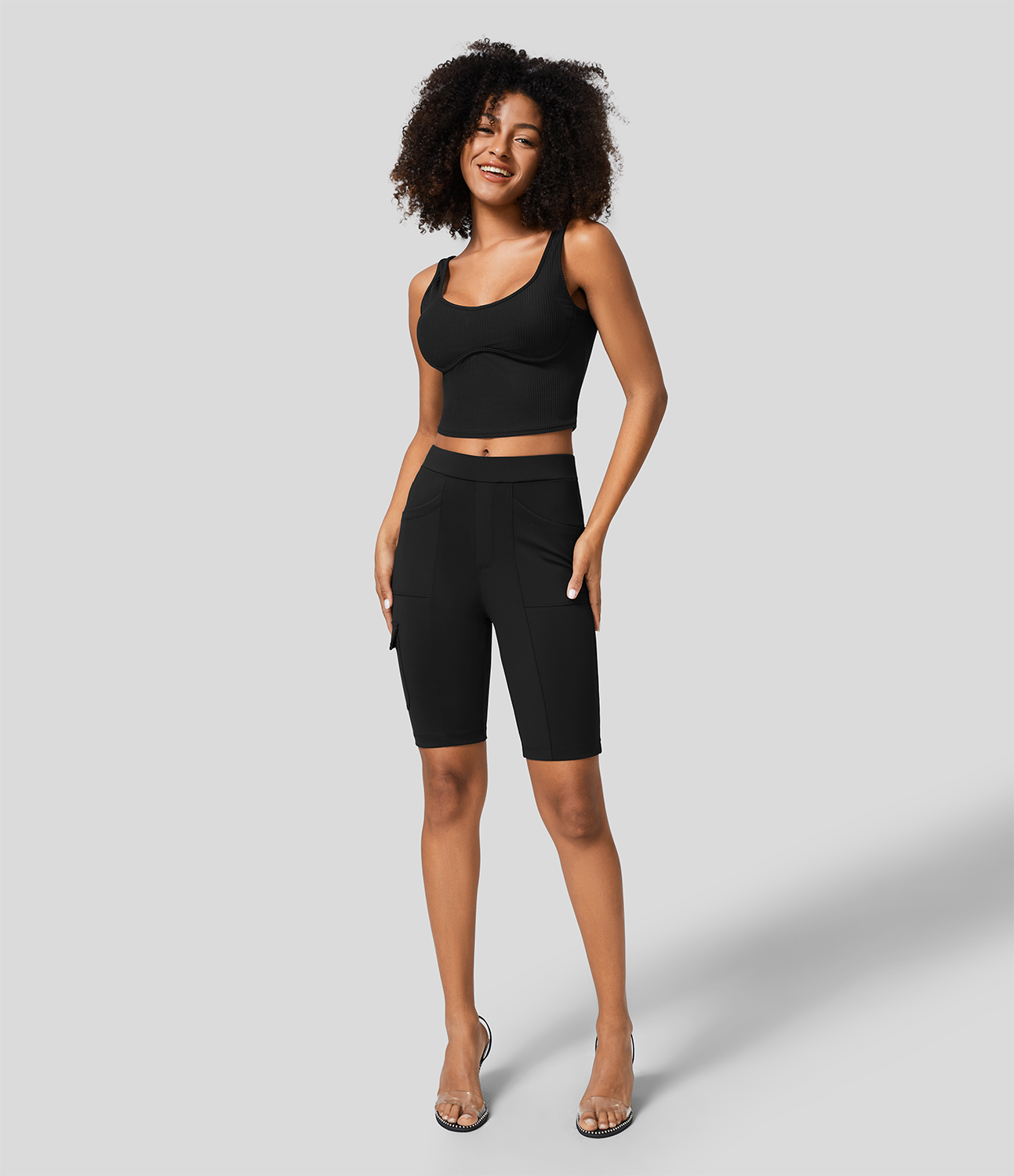 Halara High Waisted Multiple Pockets Work Biker Shorts 8``  - Black - L biker shorts women black biker shorts womens biker shorts 