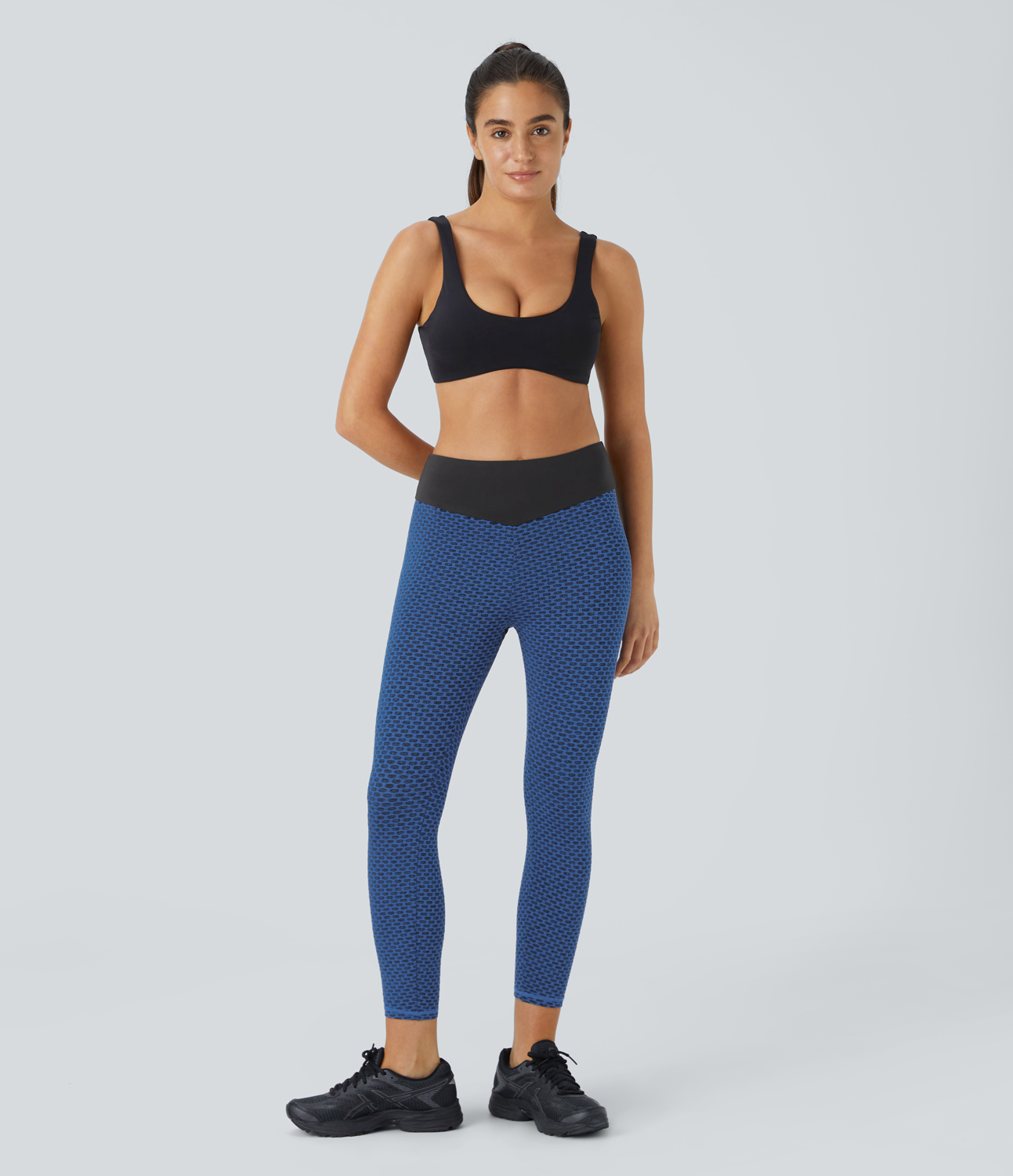 Halara High Waisted Ruched Honeycomb Yoga Leggings  - Dark Blue Mesh Pattern - M gym leggings leggings with pockets leggings with butt lift 
