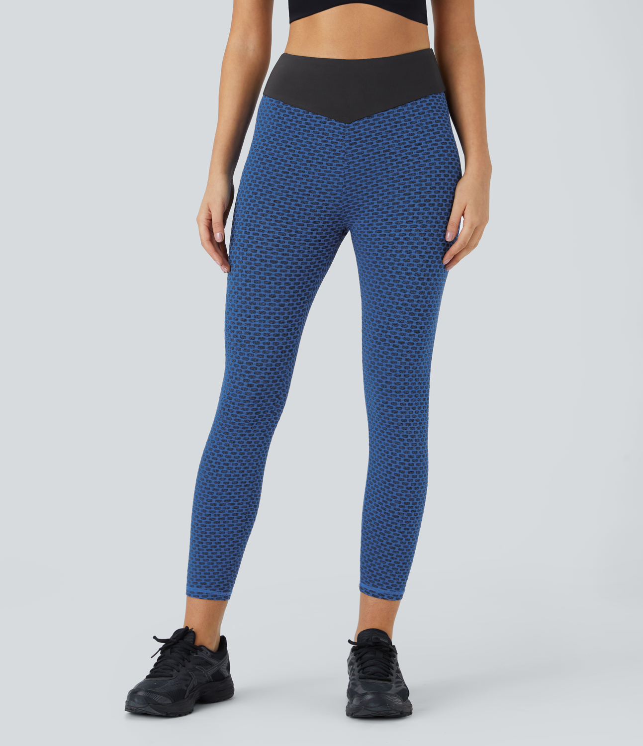 Halara High Waisted Ruched Honeycomb Yoga Leggings  - Dark Blue Mesh Pattern - M gym leggings leggings with pockets leggings with butt lift 