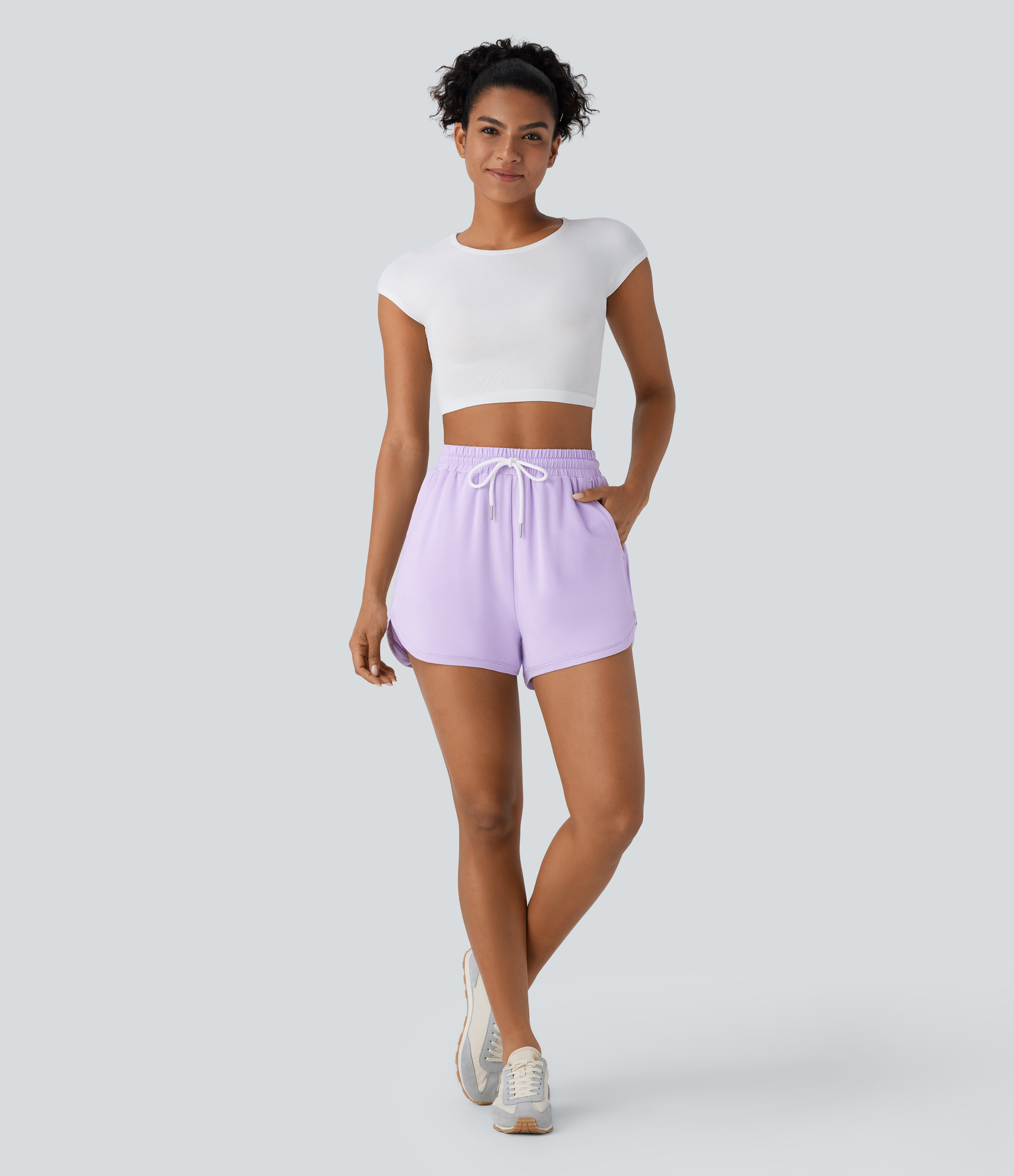 Halara High Waisted Drawstring Side Pocket Curved Hem Casual Shorts  - Misty Purple - S booty shorts compression shorts yoga shorts 
