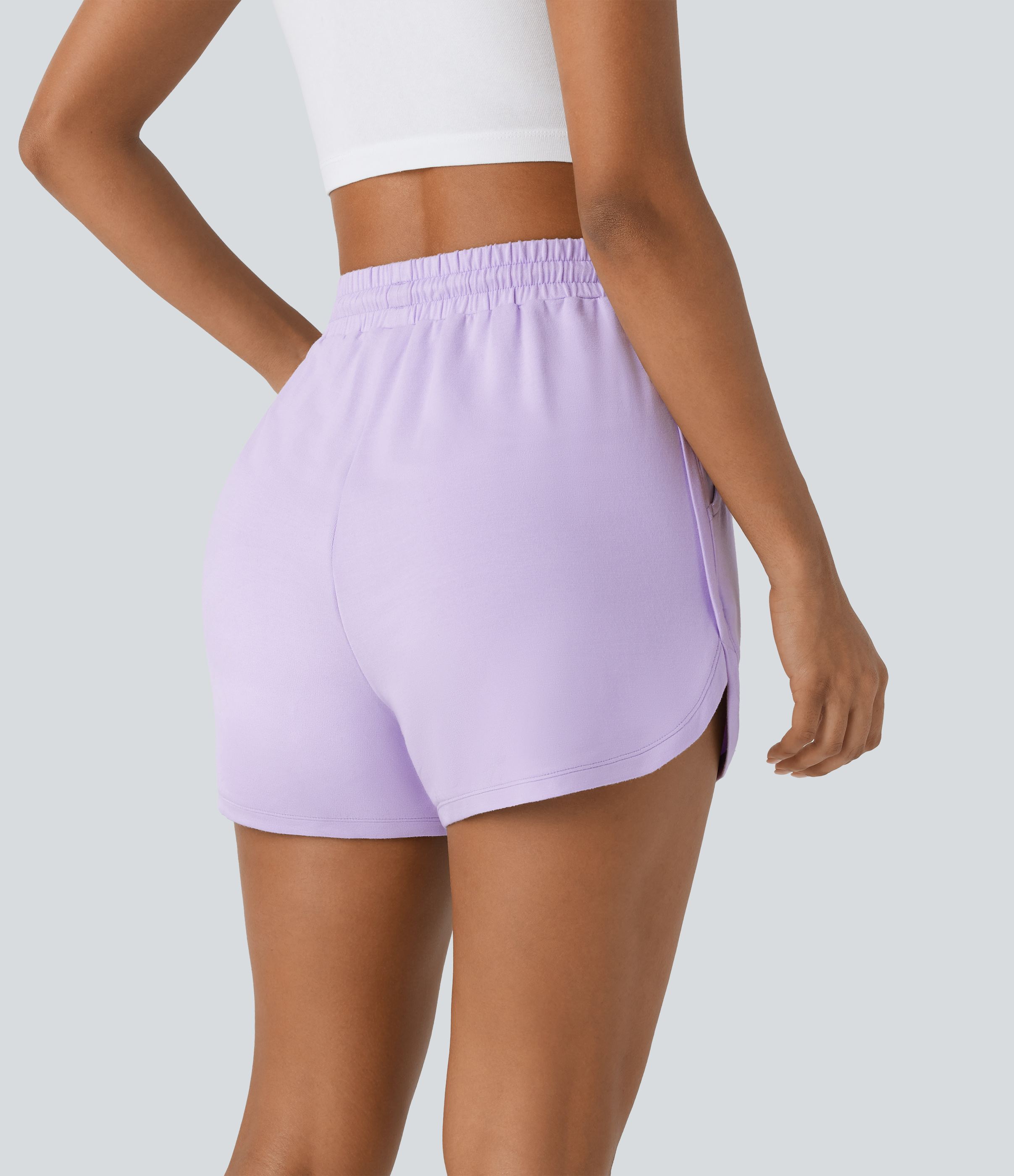 Halara High Waisted Drawstring Side Pocket Curved Hem Casual Shorts  - Misty Purple - S booty shorts compression shorts yoga shorts 