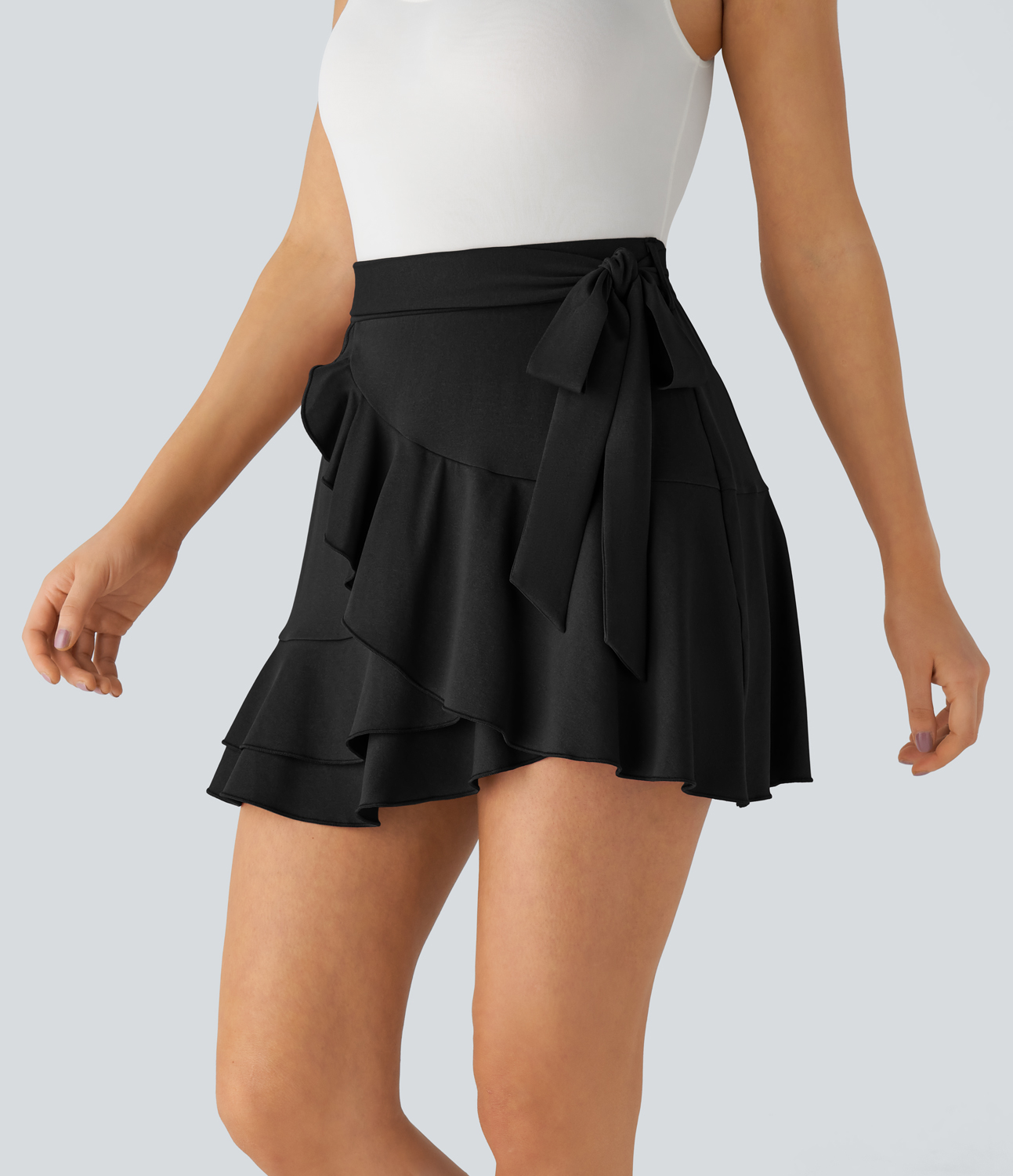 Halara High Waisted Belted 2-in-1 Side Pocket Ruffle Mini Casual Skirt  - Black - XS(regular) 