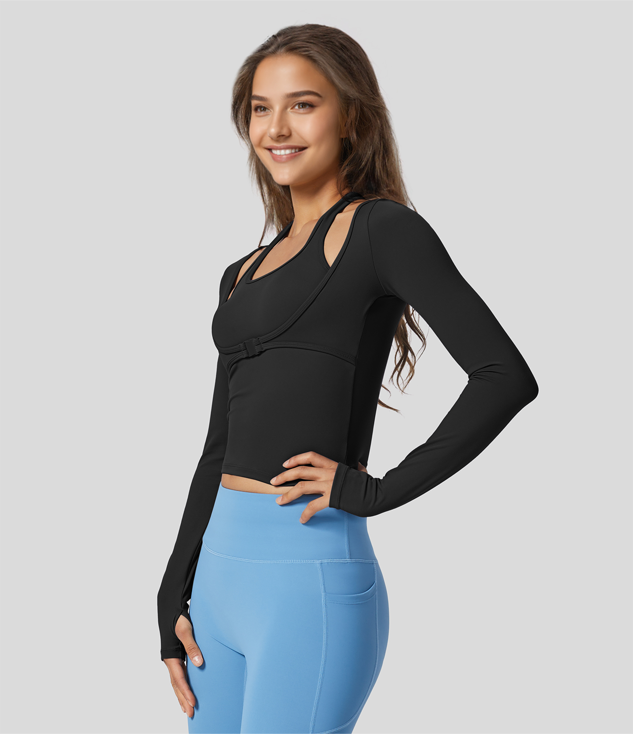 Halara Softlyzeroв„ў Plush Halter Thumb Hole Long Sleeve 2-in-1 Yoga Sports Top  - Black - M(Long) 