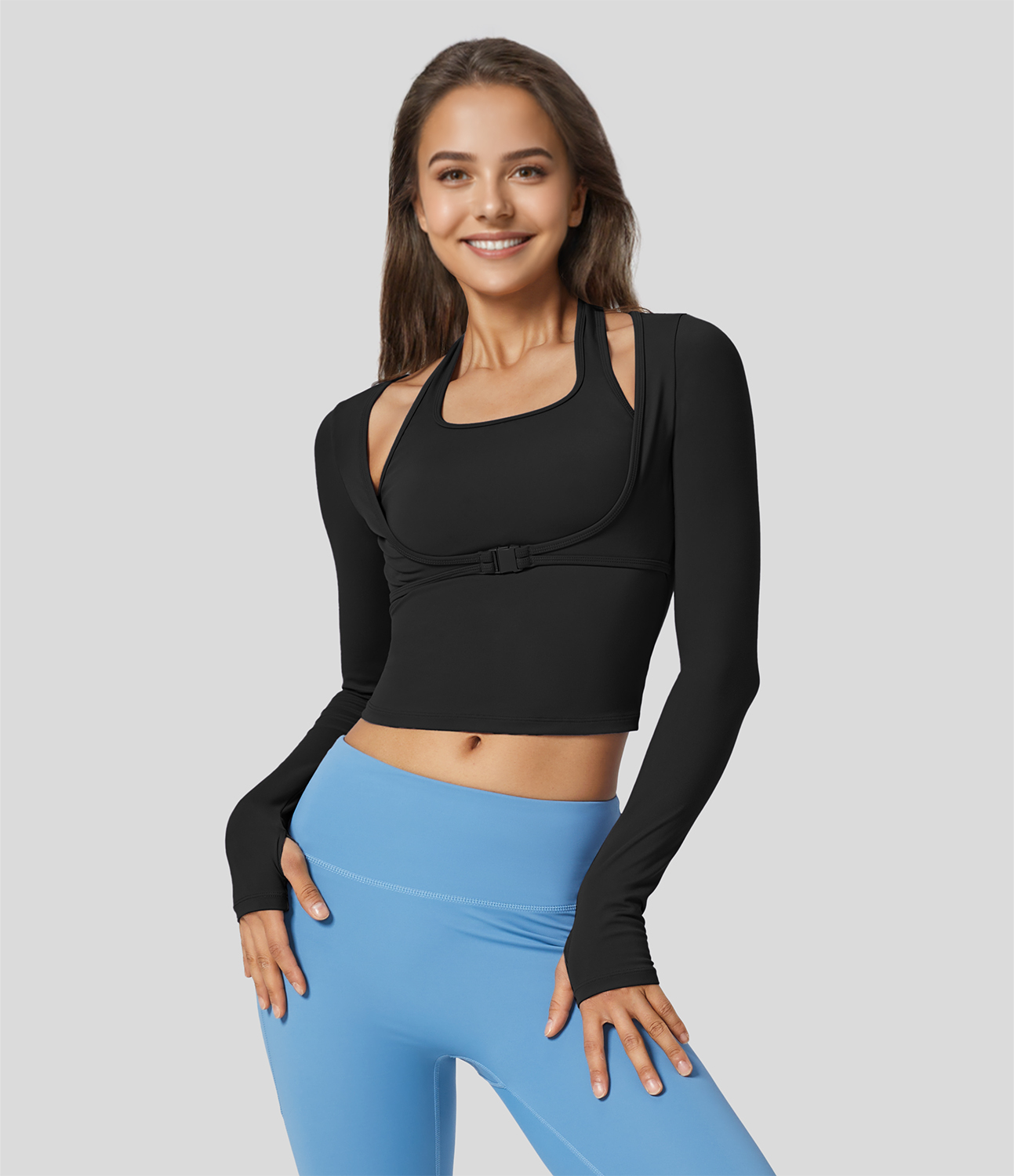 

Halara Softlyzeroв„ў Plush Halter Thumb Hole Long Sleeve 2-in-1 Yoga Sports Top - Black