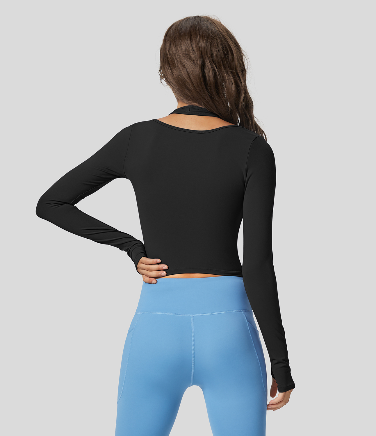 Halara Softlyzeroв„ў Plush Halter Thumb Hole Long Sleeve 2-in-1 Yoga Sports Top  - Black - M(Long) 