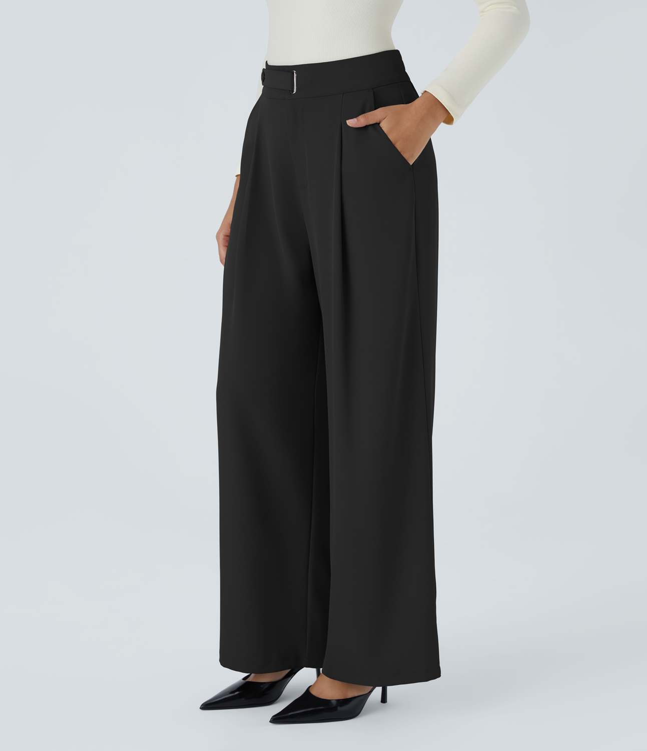 Halara High Waisted Button Zipper Plicated Side Pocket Wide Leg Work Pants  - Black - S(regular) sweatpants jogger pants stacked sweatpants 