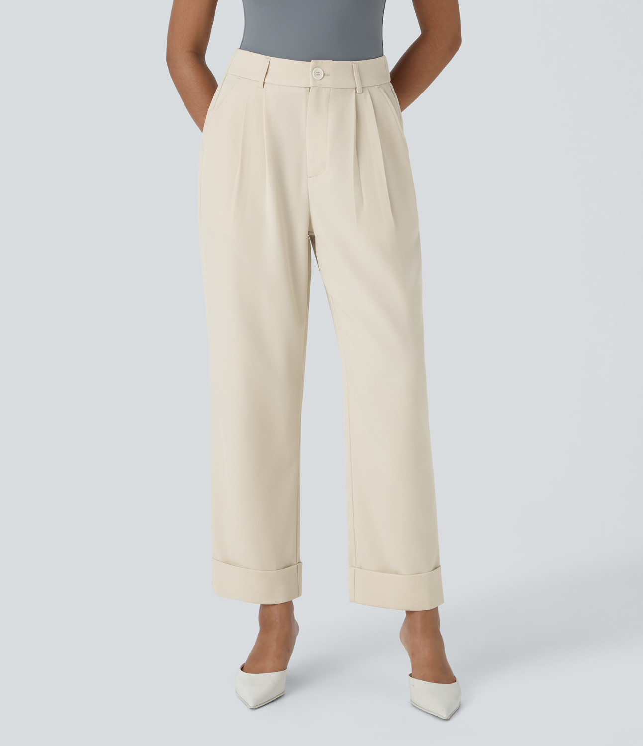 Halara High Waisted Button Zipper Plicated Side Pocket Work Pants  - Arctic Wolf - M(regular) sweatpants jogger pants stacked sweatpants 