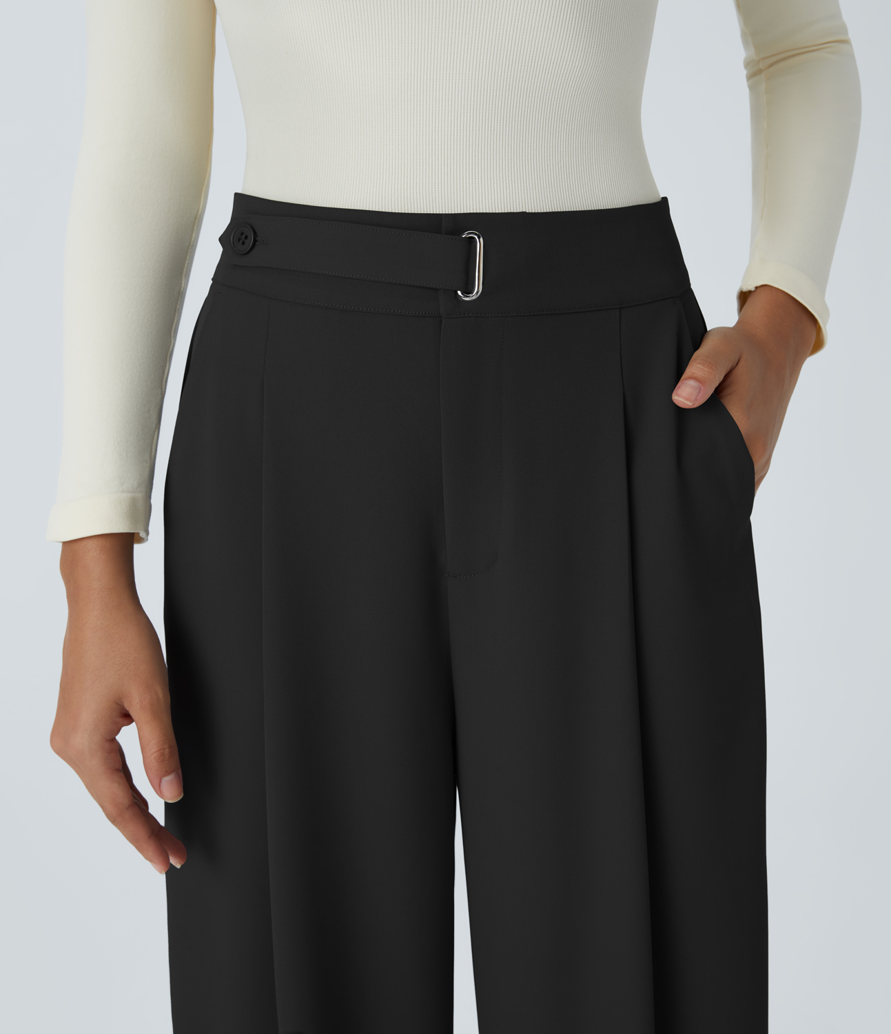 Halara High Waisted Button Zipper Plicated Side Pocket Wide Leg Work Pants  - Black - S(regular) sweatpants jogger pants stacked sweatpants 