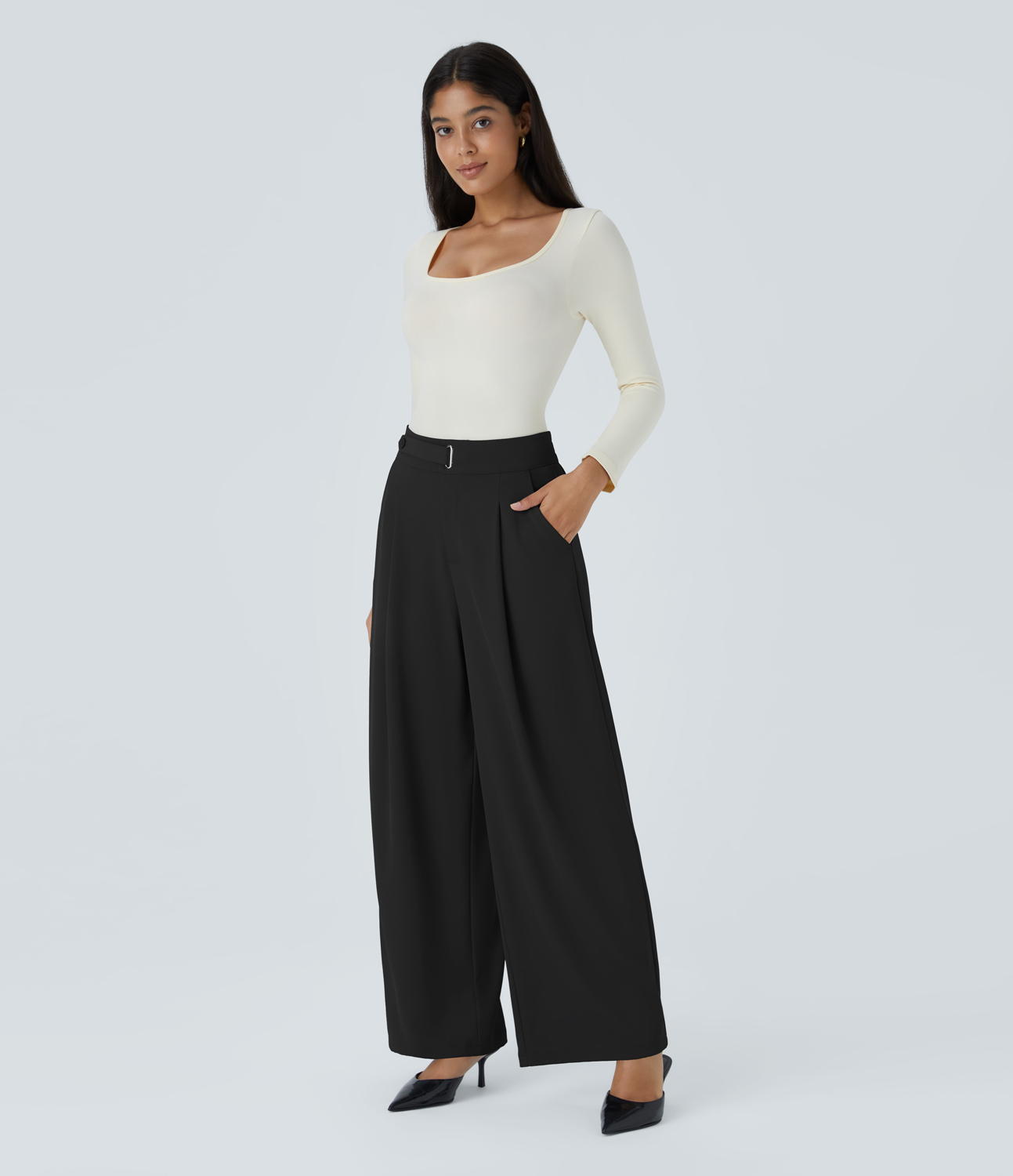Halara High Waisted Button Zipper Plicated Side Pocket Wide Leg Work Pants  - Black - S(regular) sweatpants jogger pants stacked sweatpants 
