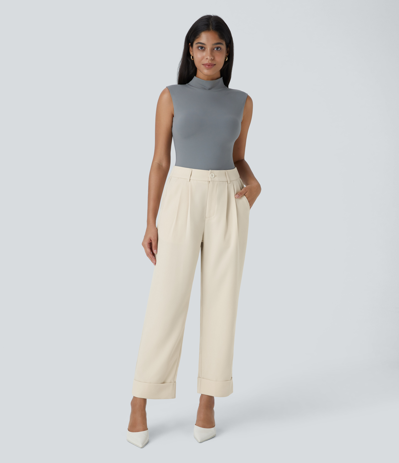 Halara High Waisted Button Zipper Plicated Side Pocket Work Pants  - Arctic Wolf - M(regular) sweatpants jogger pants stacked sweatpants 