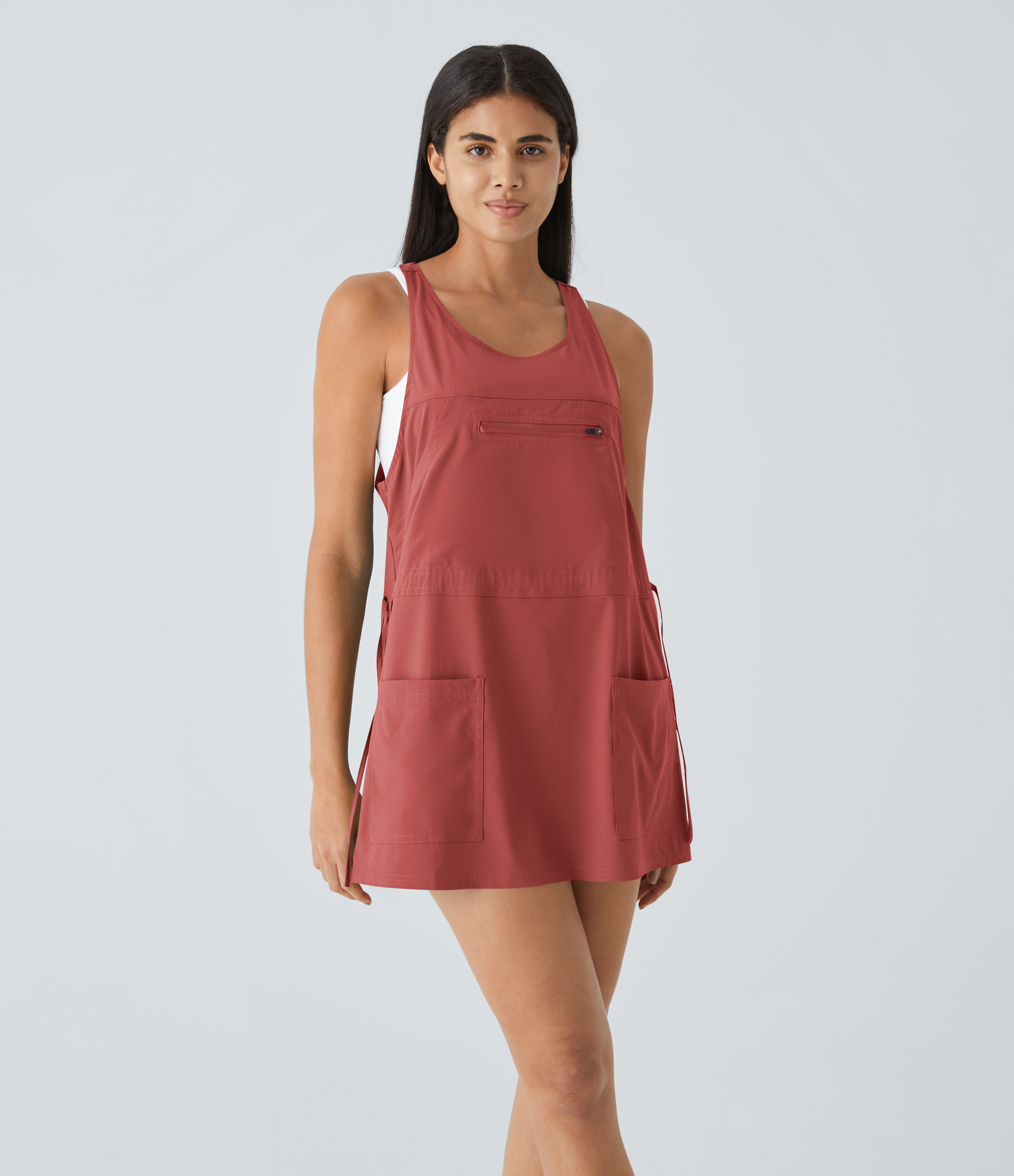 Halara Breezefulв„ў Backless Multiple Pockets Drawstring 2-Piece Quick Dry Mini Hiking Active Dress Workout Dress - Kapok Red - M 