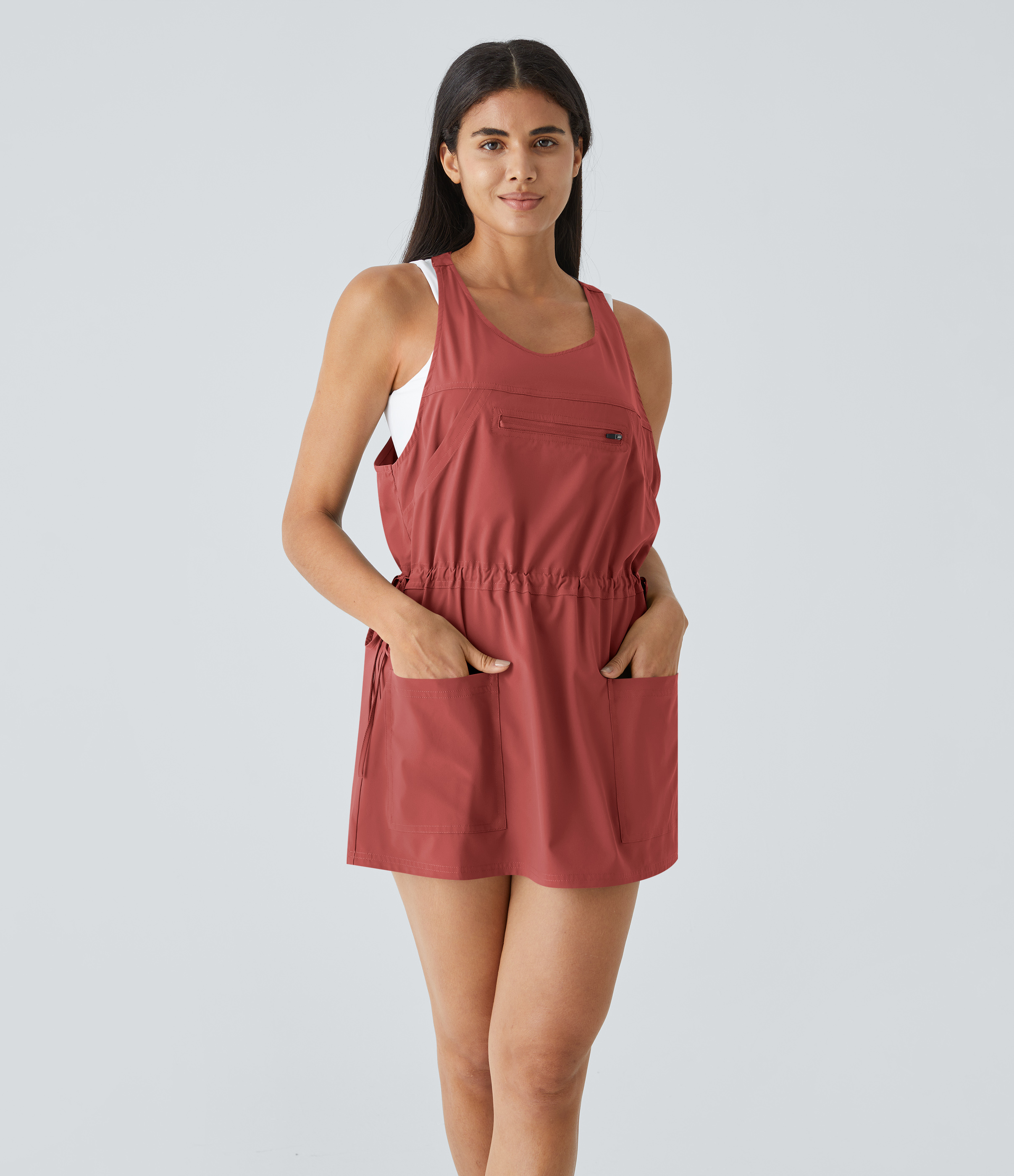 Halara Breezefulв„ў Backless Multiple Pockets Drawstring 2-Piece Quick Dry Mini Hiking Active Dress Workout Dress - Kapok Red - M 