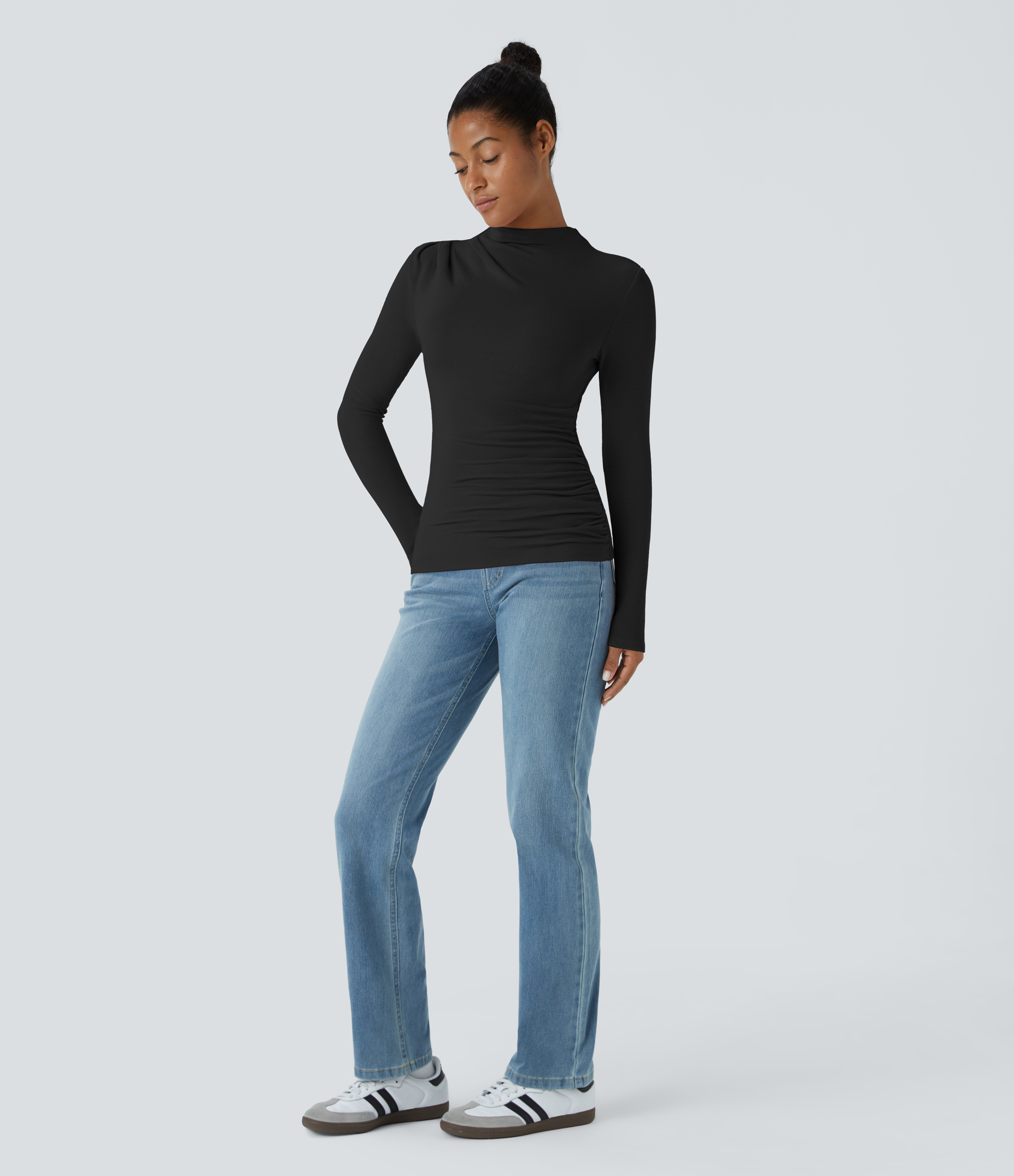 Halara Funnel Neck Long Sleeve Ruched Skinny Thermal Casual Top Tank Top - Black - XS golf tops halter top tunic tops sleeveless tops 