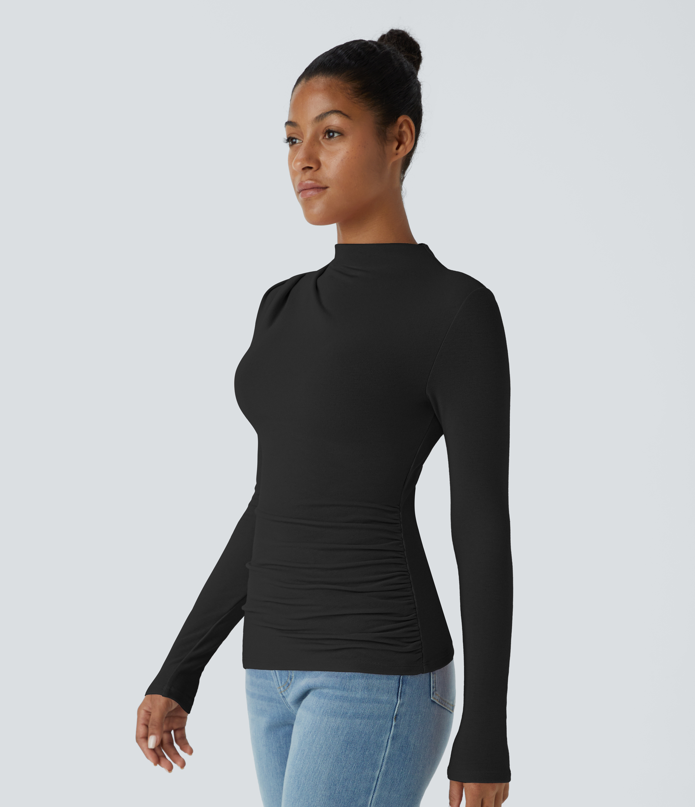 Halara Funnel Neck Long Sleeve Ruched Skinny Thermal Casual Top Tank Top - Black - XS golf tops halter top tunic tops sleeveless tops 