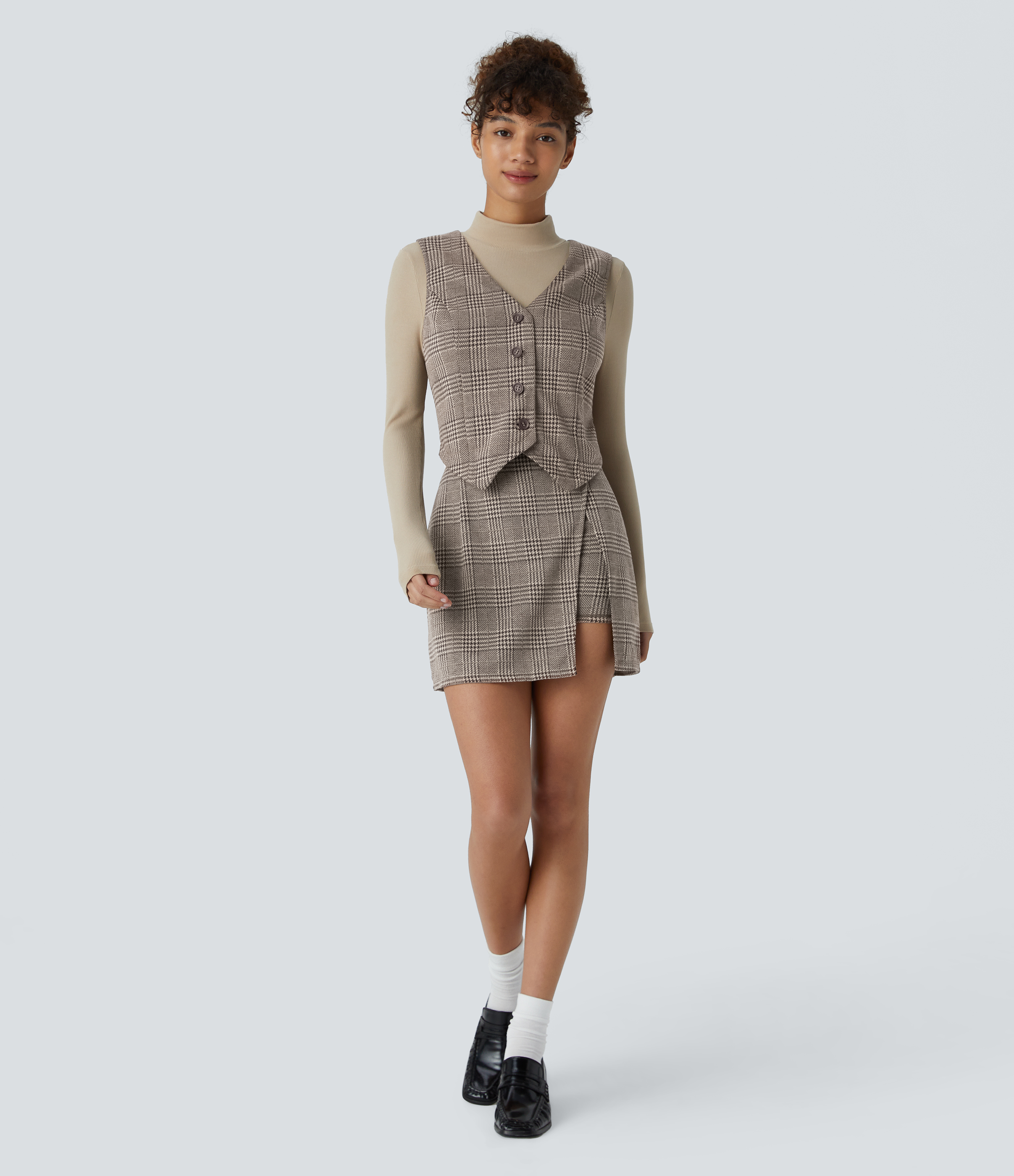 Halara High Waisted Split 2-in-1 Side Pocket Houndstooth Plaid Mini Casual Skirt  - Brown Houndstooth Plaid - M(regular) 