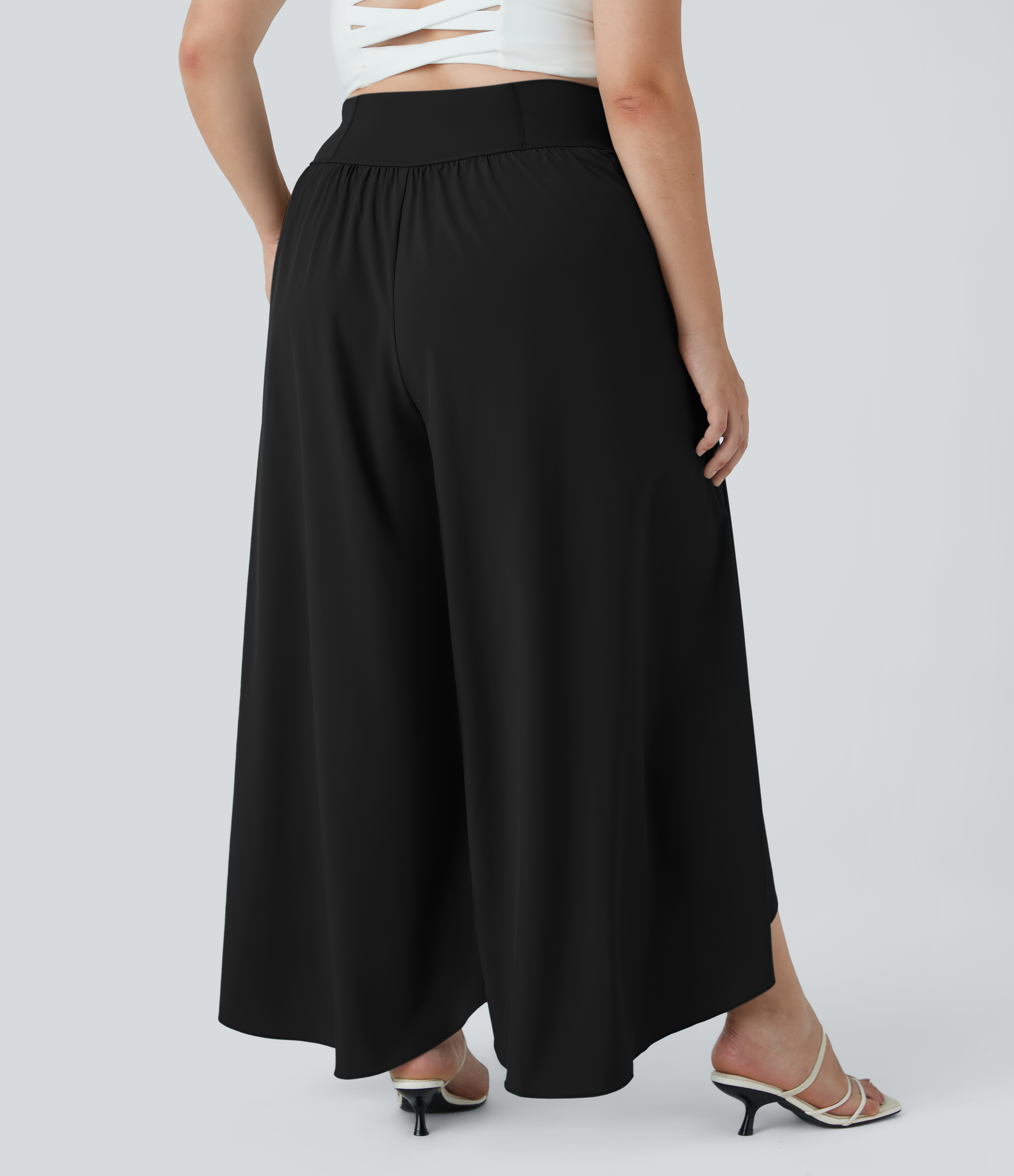 Noir Breezeful™ pantalon palazzo taille haute avec ceinture arrière et poche, coupe fluide à jambe large, séchage rapide, décontracté, grande taille / 2