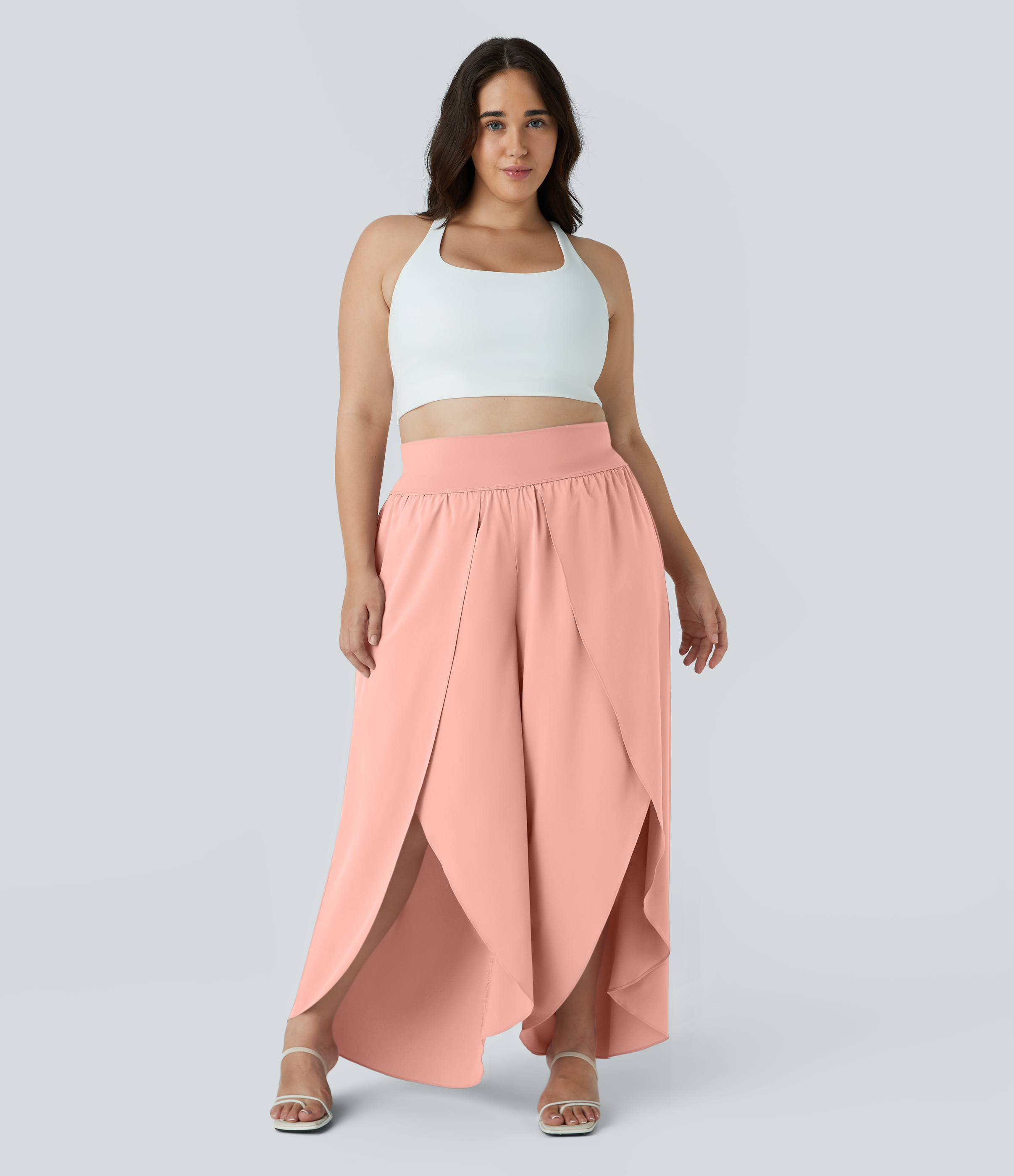 Halara Breezefulв„ў High Waisted Back Waistband Pocket Palazzo Flowy Split Wide Leg Quick Dry Casual Plus Size Pants  - Peach Melba - 3X(regular) 