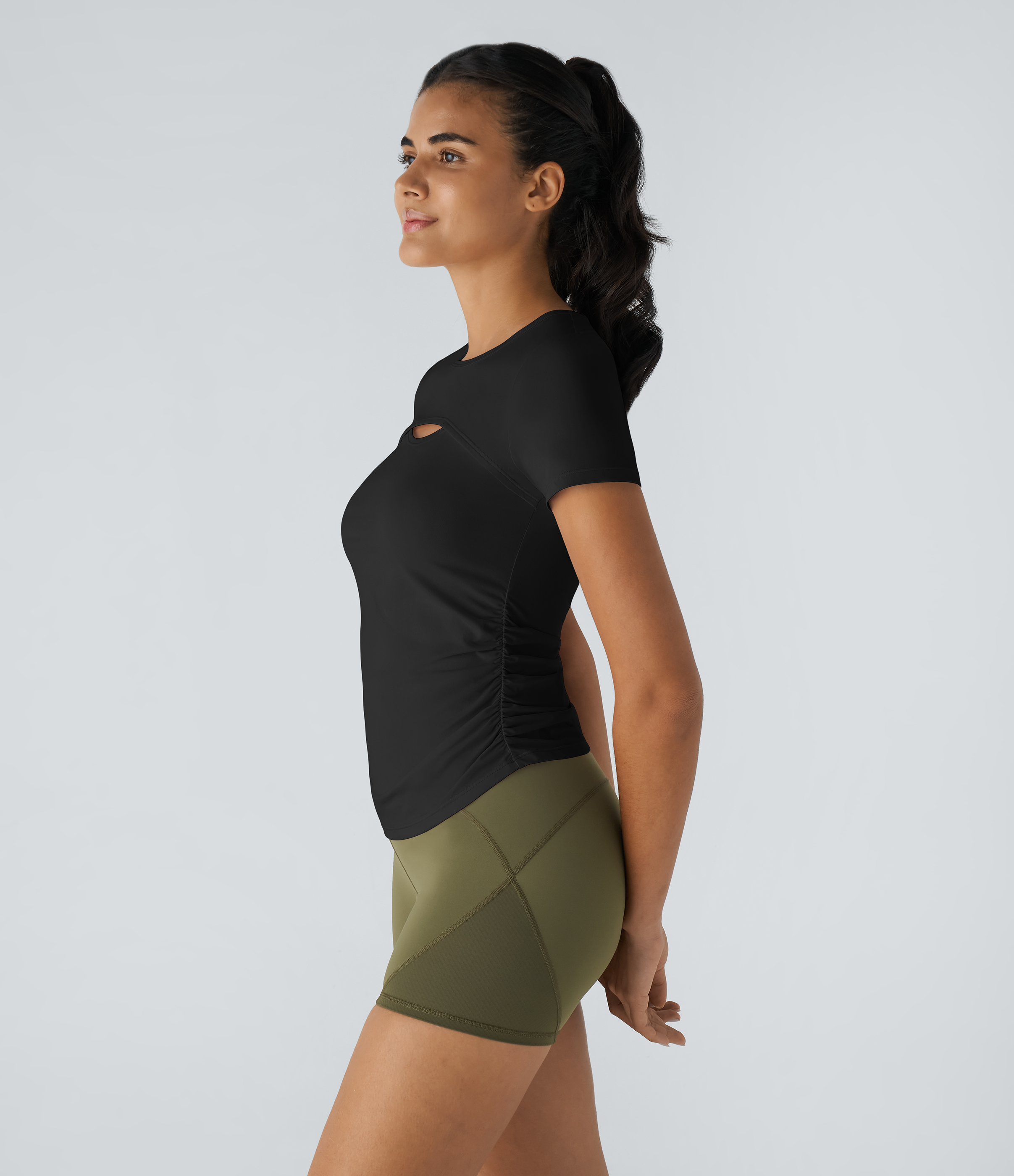 Halara Short Sleeve Cut Out Ruched Quick Dry Workout Sports Top Tank Top - Black - XL golf tops halter top tunic tops sleeveless tops 