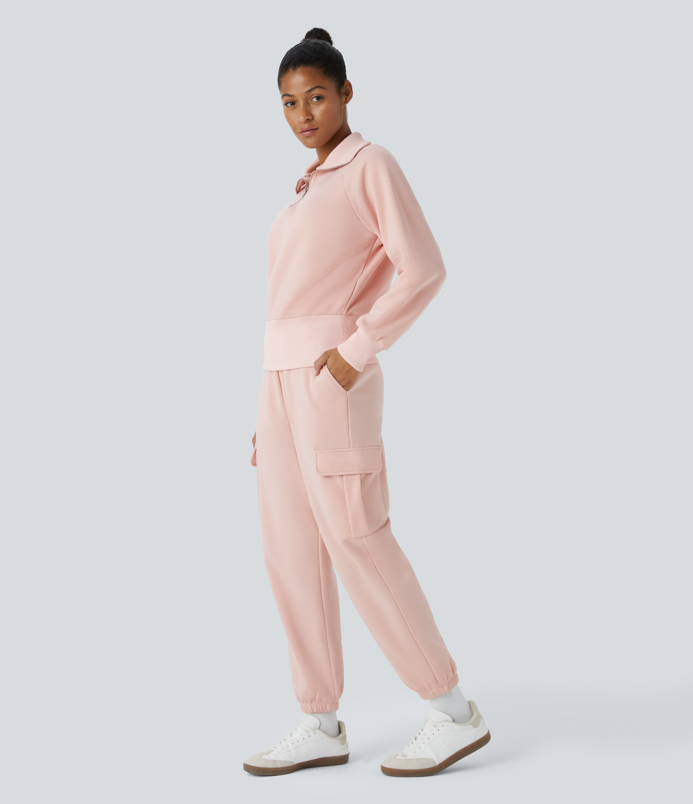 Halara High Waisted Drawstring Multiple Pockets Fleece Casual Pants  - Peachy Keen - L(regular) 