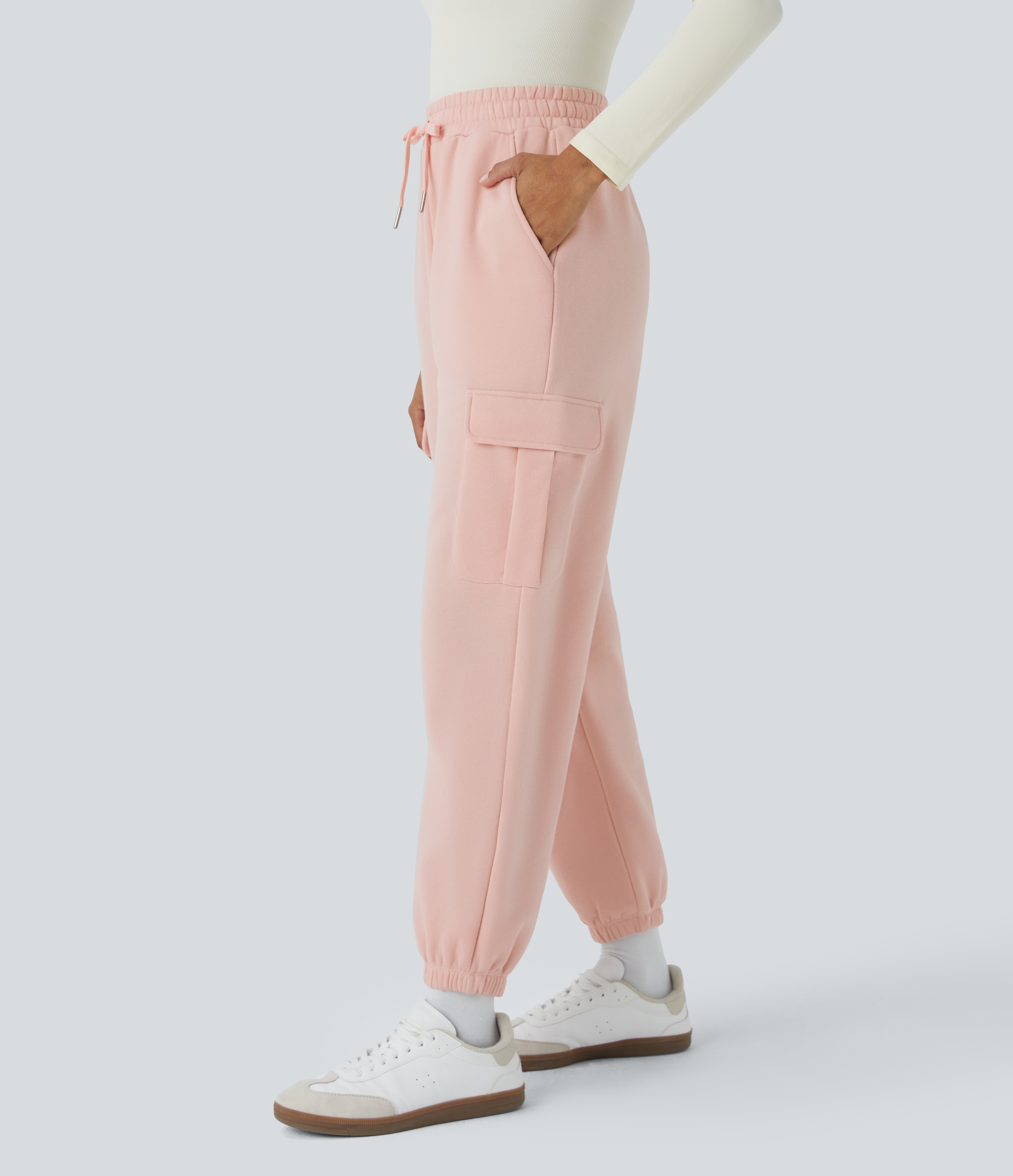 Halara High Waisted Drawstring Multiple Pockets Fleece Casual Pants  - Peachy Keen - L(regular) 