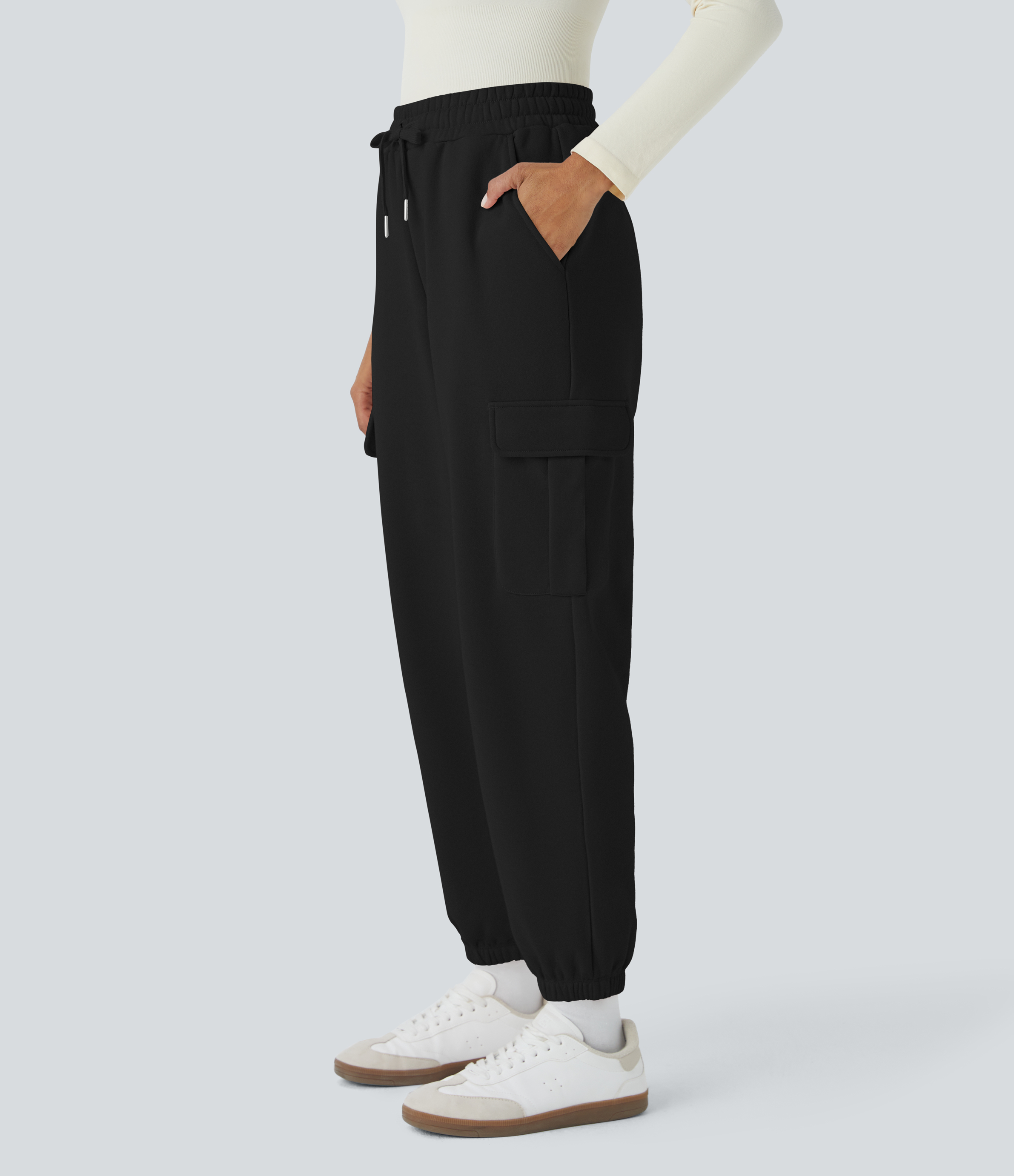 Halara High Waisted Drawstring Multiple Pockets Fleece Casual Pants  - Black - XS(regular) 