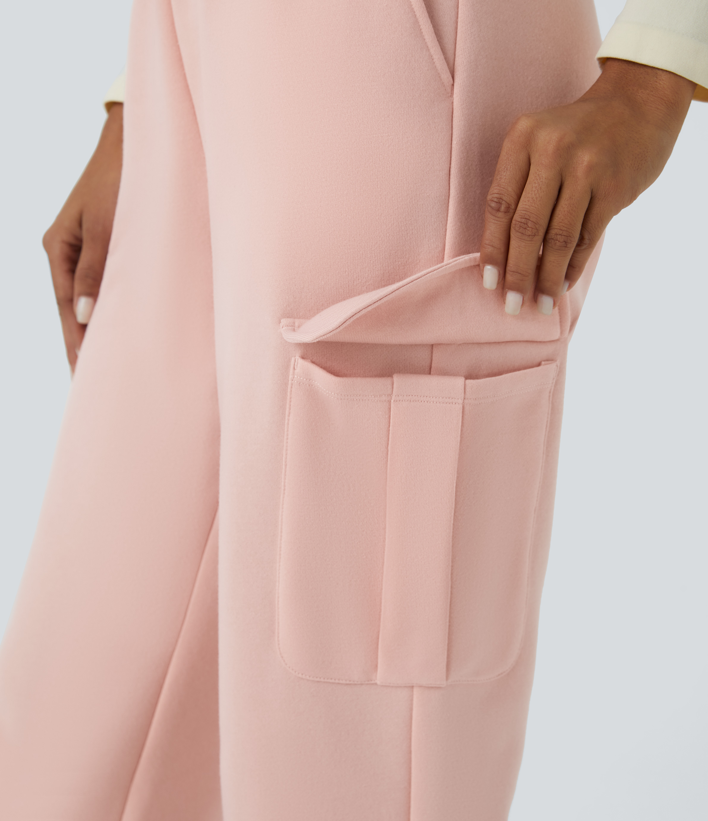 Halara High Waisted Drawstring Multiple Pockets Fleece Casual Pants  - Peachy Keen - L(regular) 