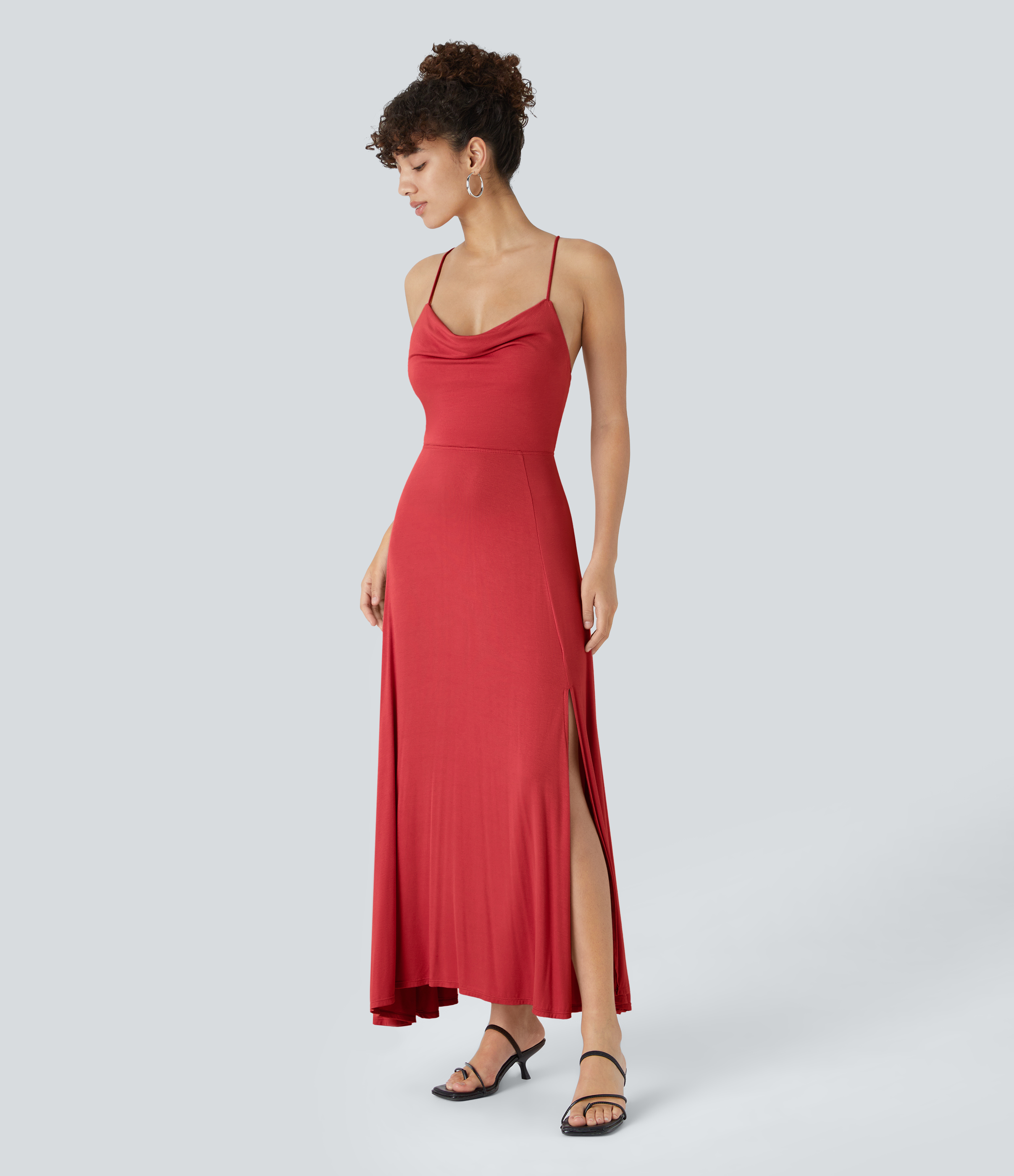 Halara Ribbed Cowl Neck Backless Crisscross Lace Up Split Midi Party Dress Casual Dress - Rubicondo - XL slip dress beach dress ruched dress 