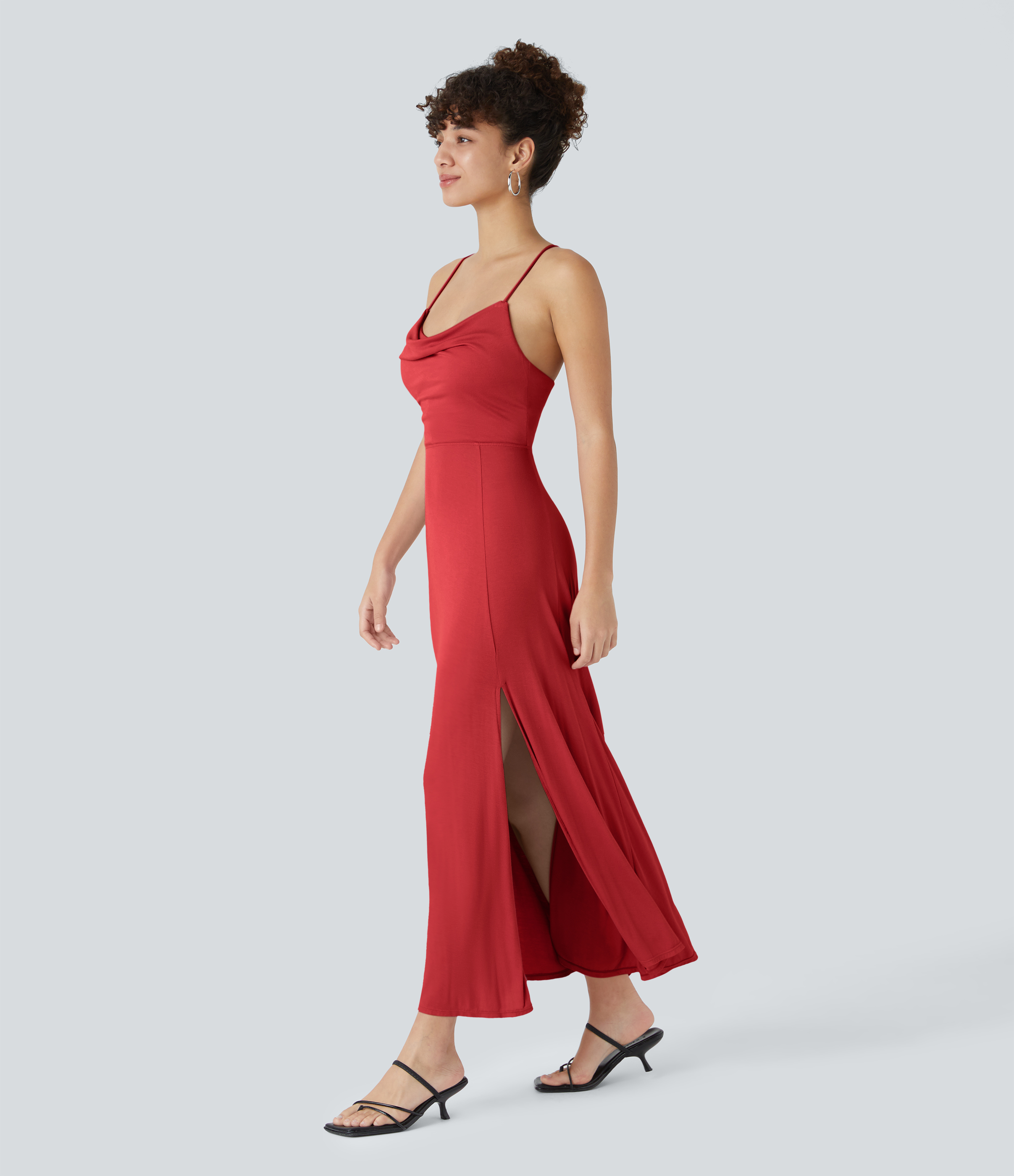 Halara Ribbed Cowl Neck Backless Crisscross Lace Up Split Midi Party Dress Casual Dress - Rubicondo - XL slip dress beach dress ruched dress 