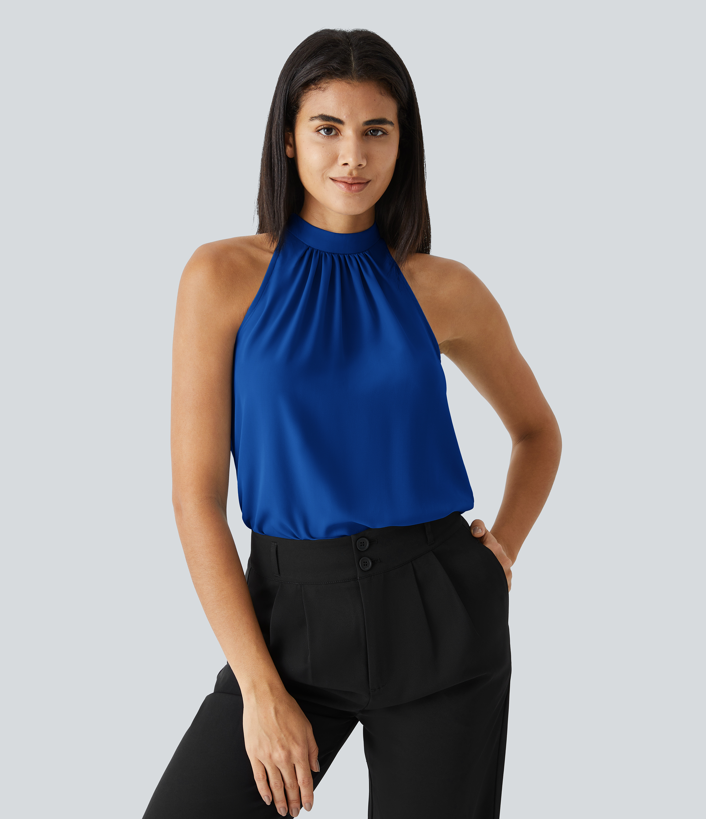Halara Keyhole Back Halter Plicated Sleeveless Curved Hem Work Blouse  - Surf the Web - XL 
