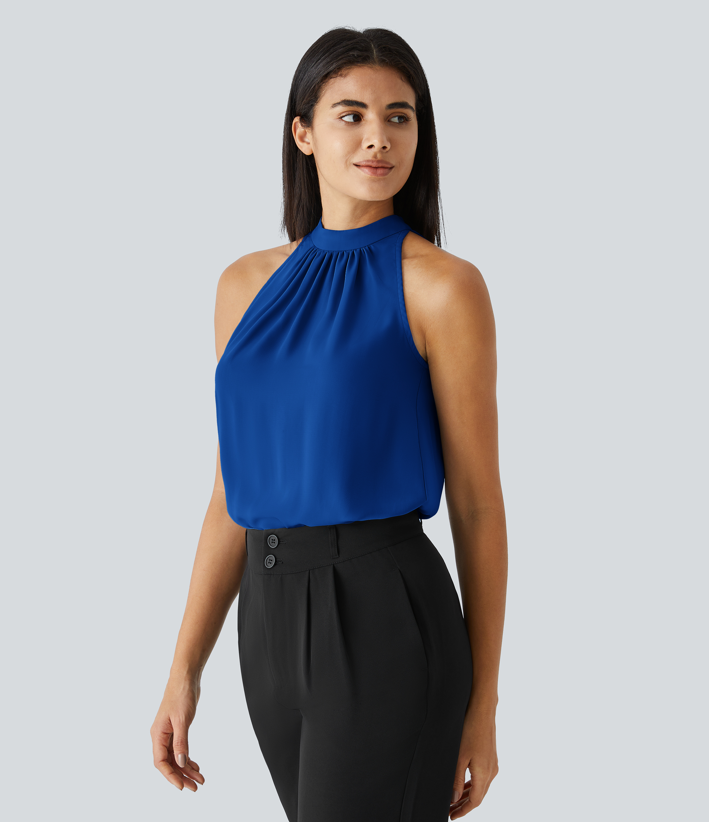 Halara Keyhole Back Halter Plicated Sleeveless Curved Hem Work Blouse  - Surf the Web - XL 