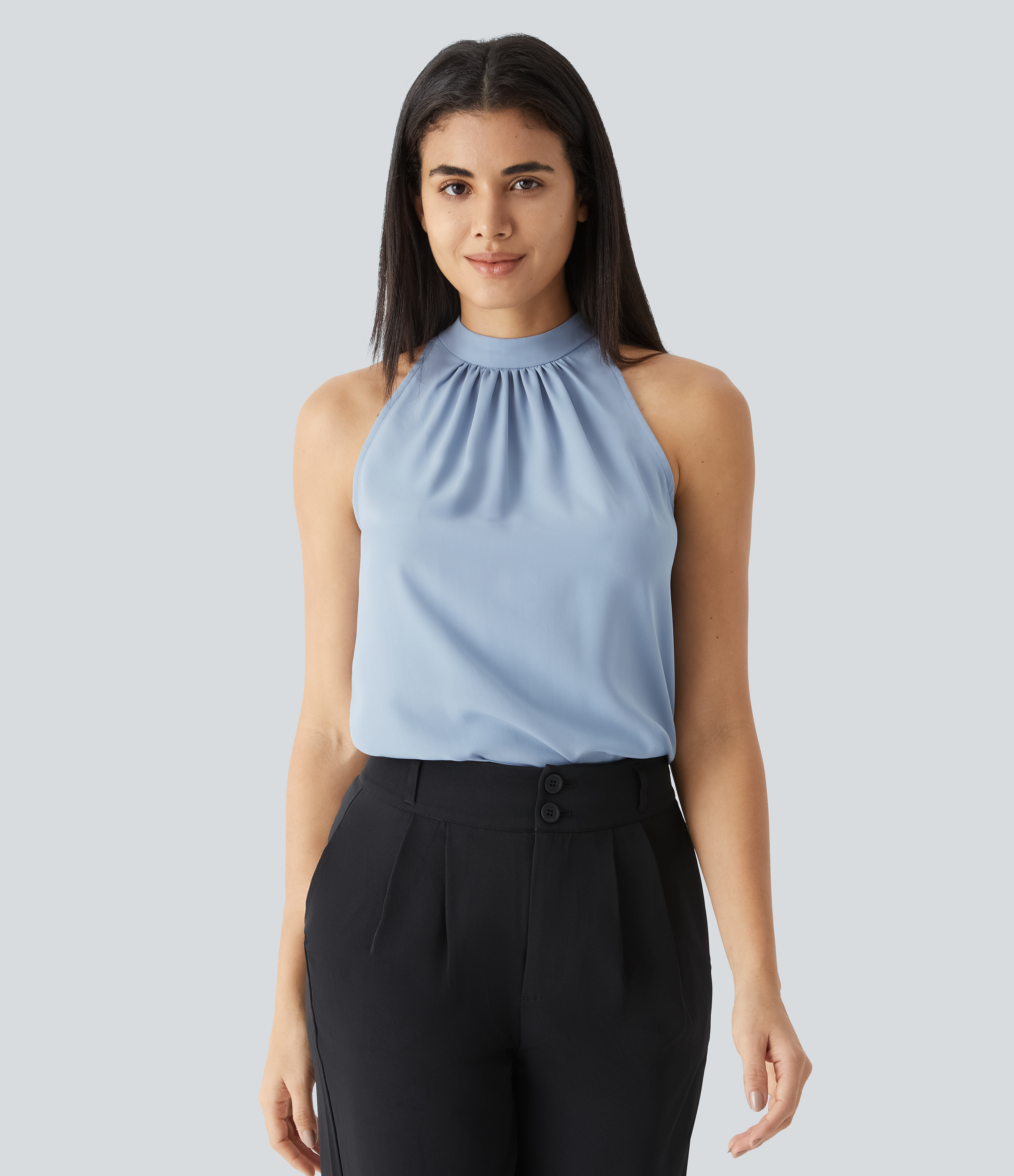 Halara Keyhole Back Halter Plicated Sleeveless Curved Hem Work Blouse  - Skyride - XL 
