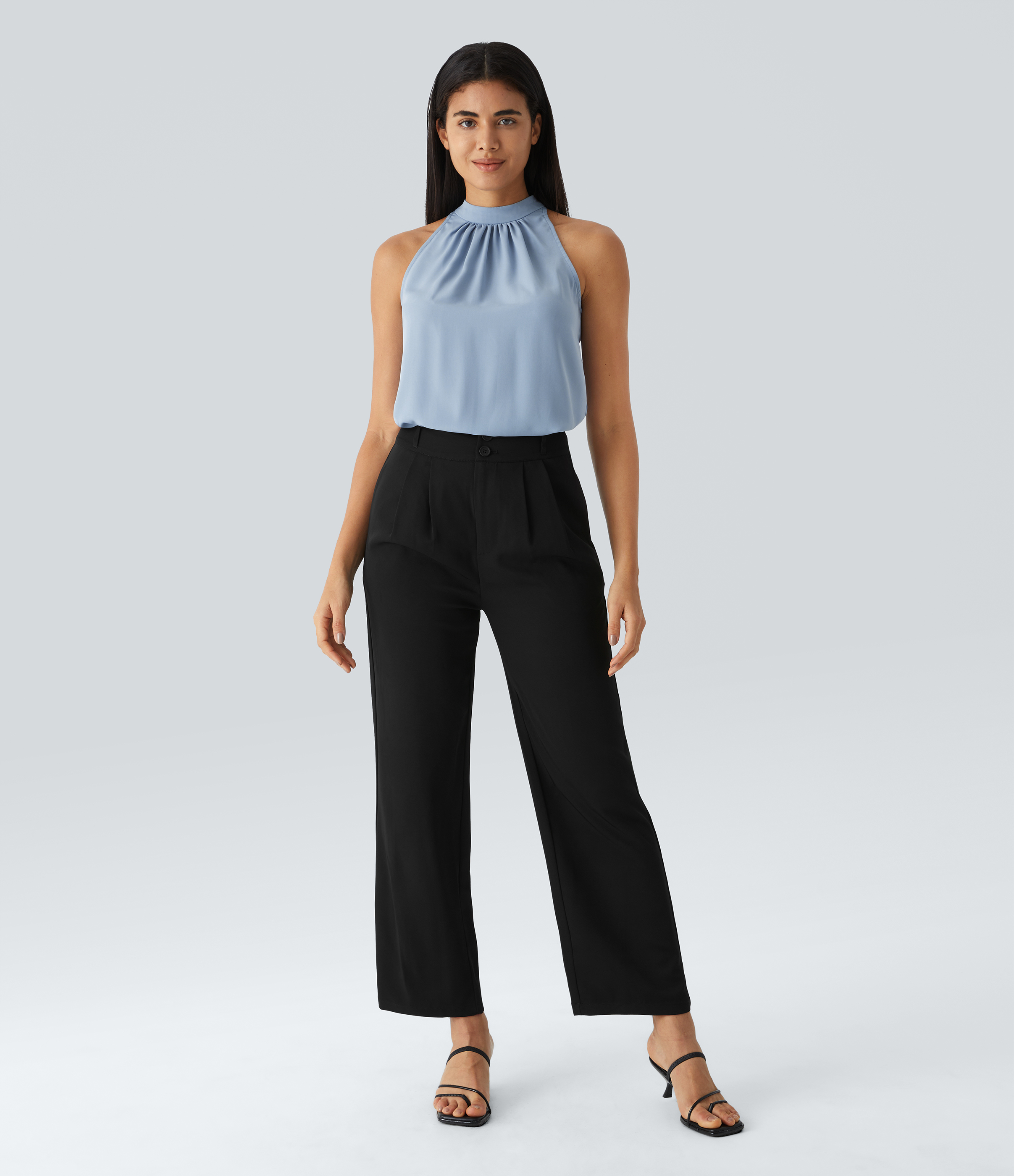 Halara Keyhole Back Halter Plicated Sleeveless Curved Hem Work Blouse  - Skyride - XL 