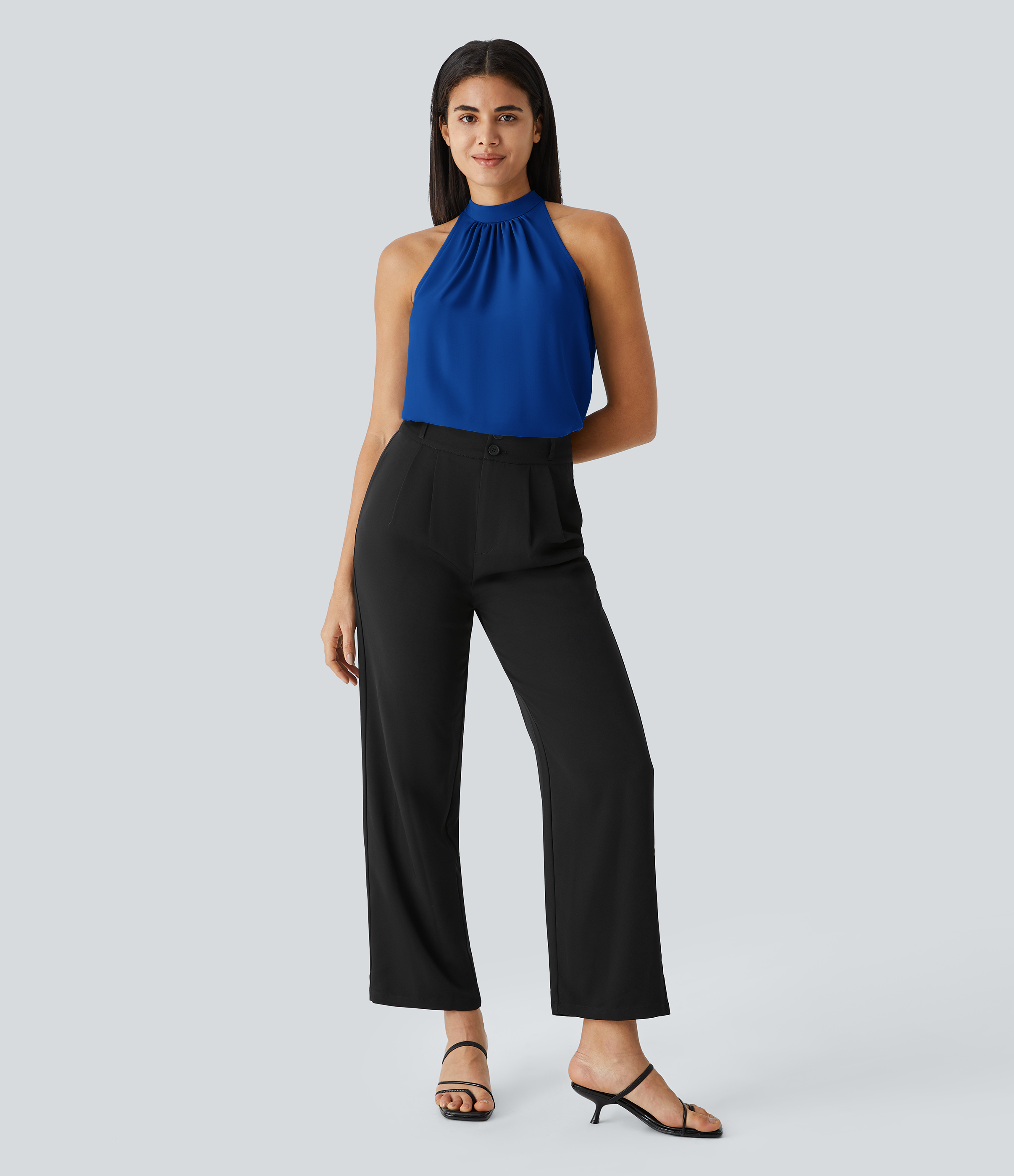 Halara Keyhole Back Halter Plicated Sleeveless Curved Hem Work Blouse  - Surf the Web - XL 