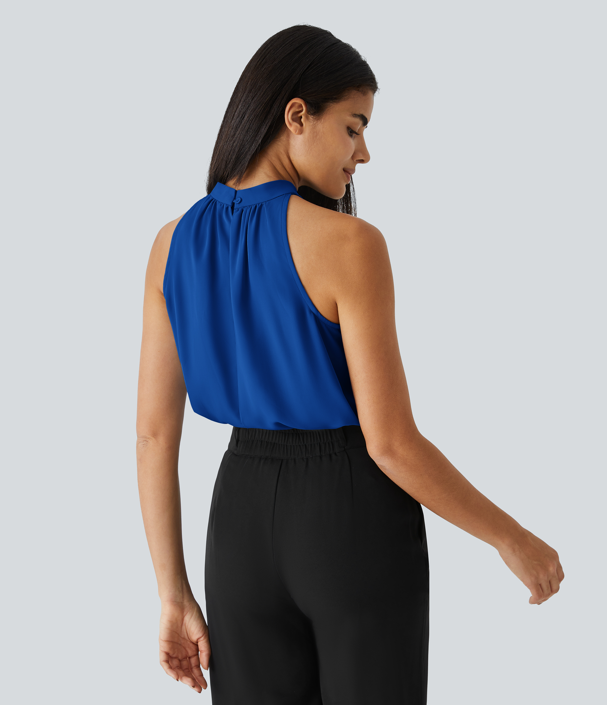 Halara Keyhole Back Halter Plicated Sleeveless Curved Hem Work Blouse  - Surf the Web - XL 
